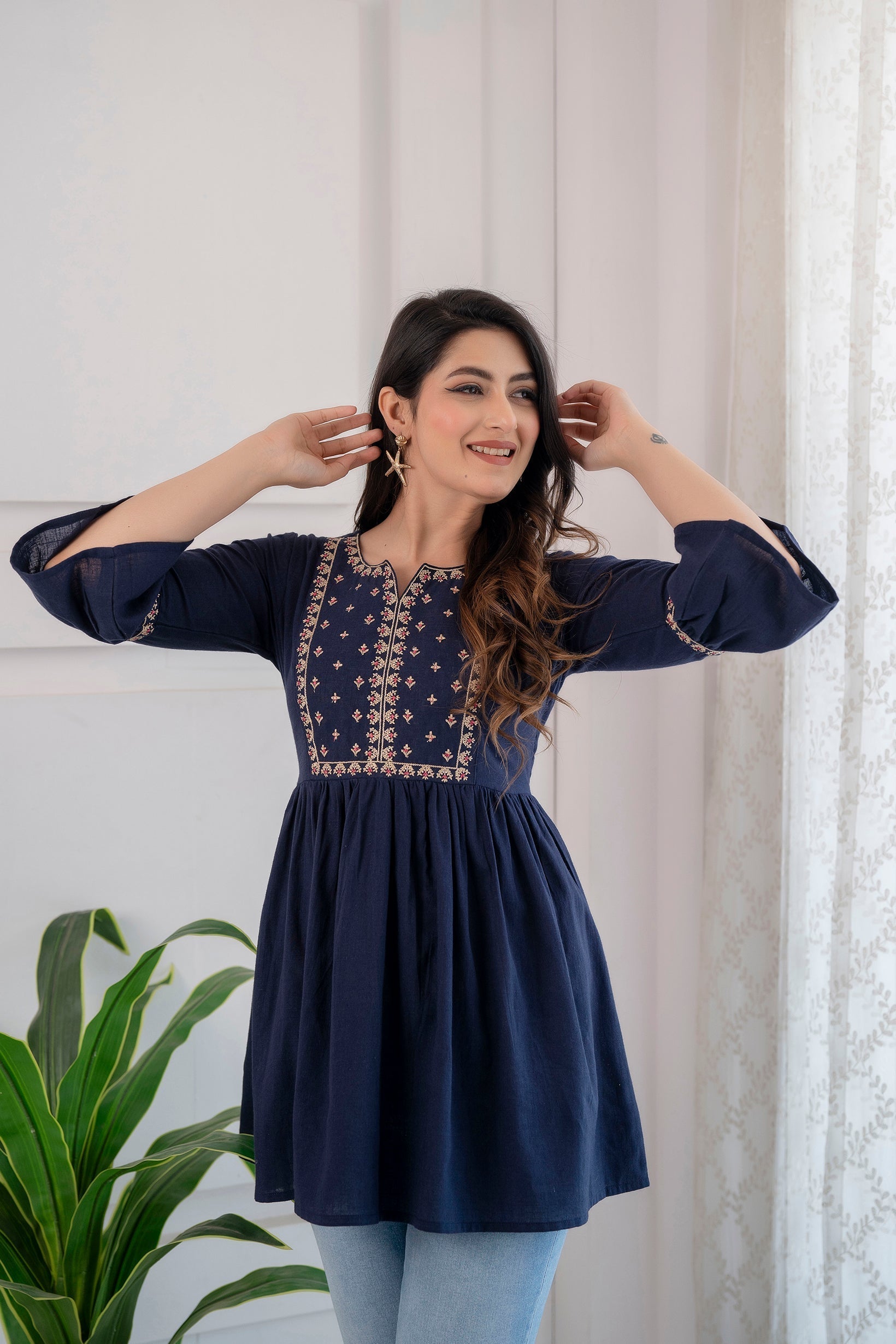 Women's Navy Blue Embroidered Peplum Tunic - Taantav