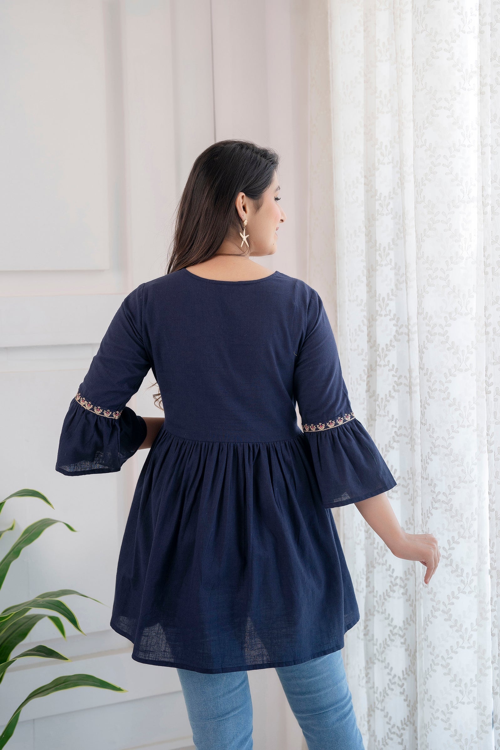 Women's Navy Blue Embroidered Peplum Tunic - Taantav