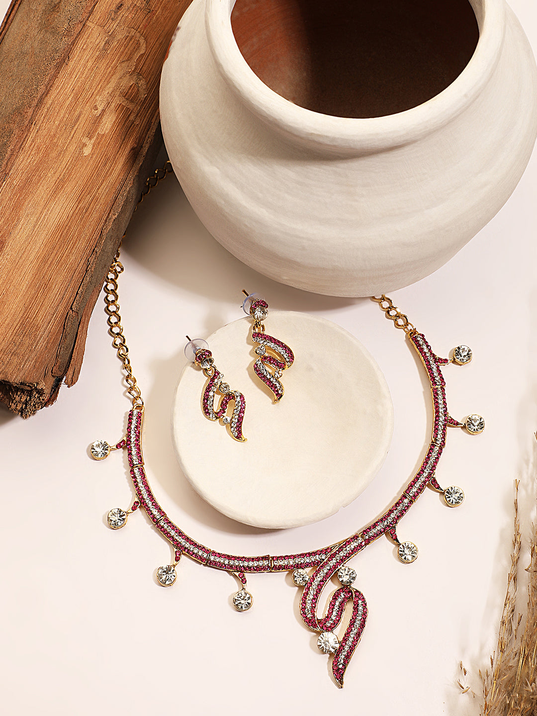 Women's Gold Plated Red & White Stone Studded Jewellery Set