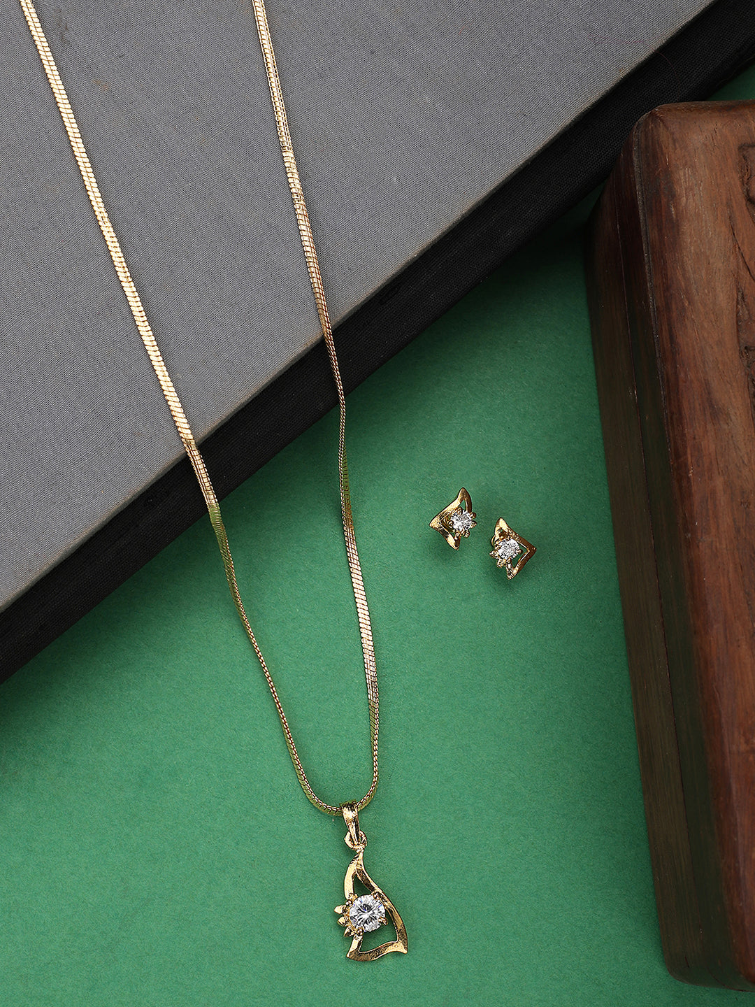 Women's Gold-Plated White CZ Studded Pendant With Chain & Earrings