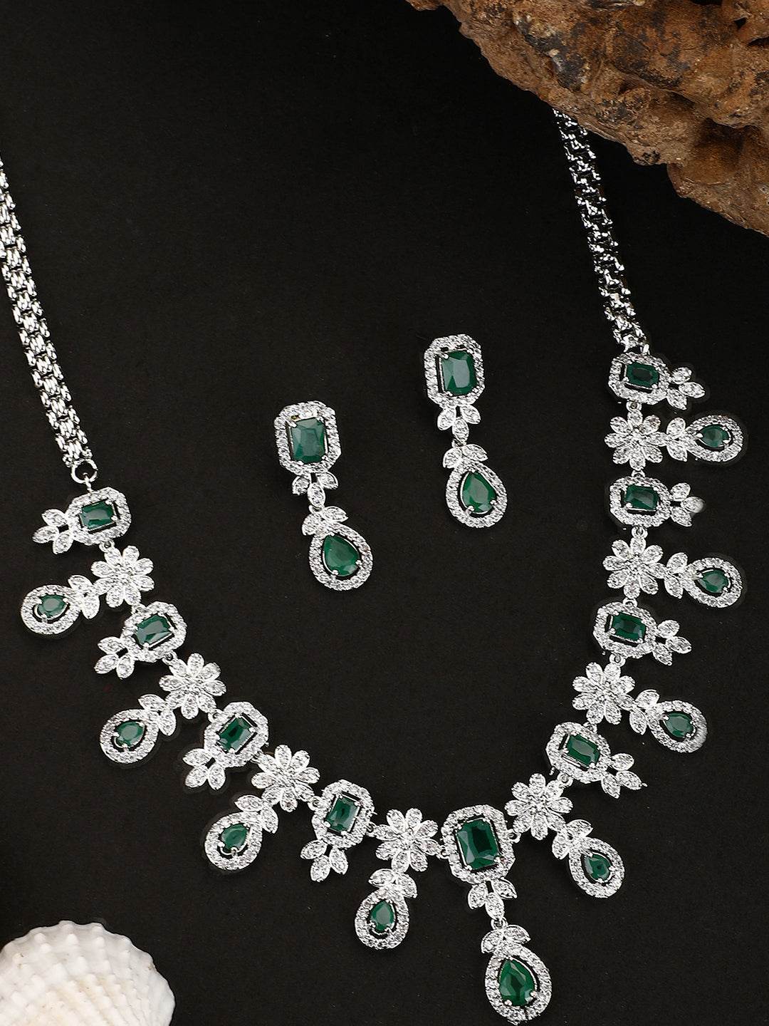 Women's Silver Plated AD & Emerald Green Stone Studded Jewellery Set