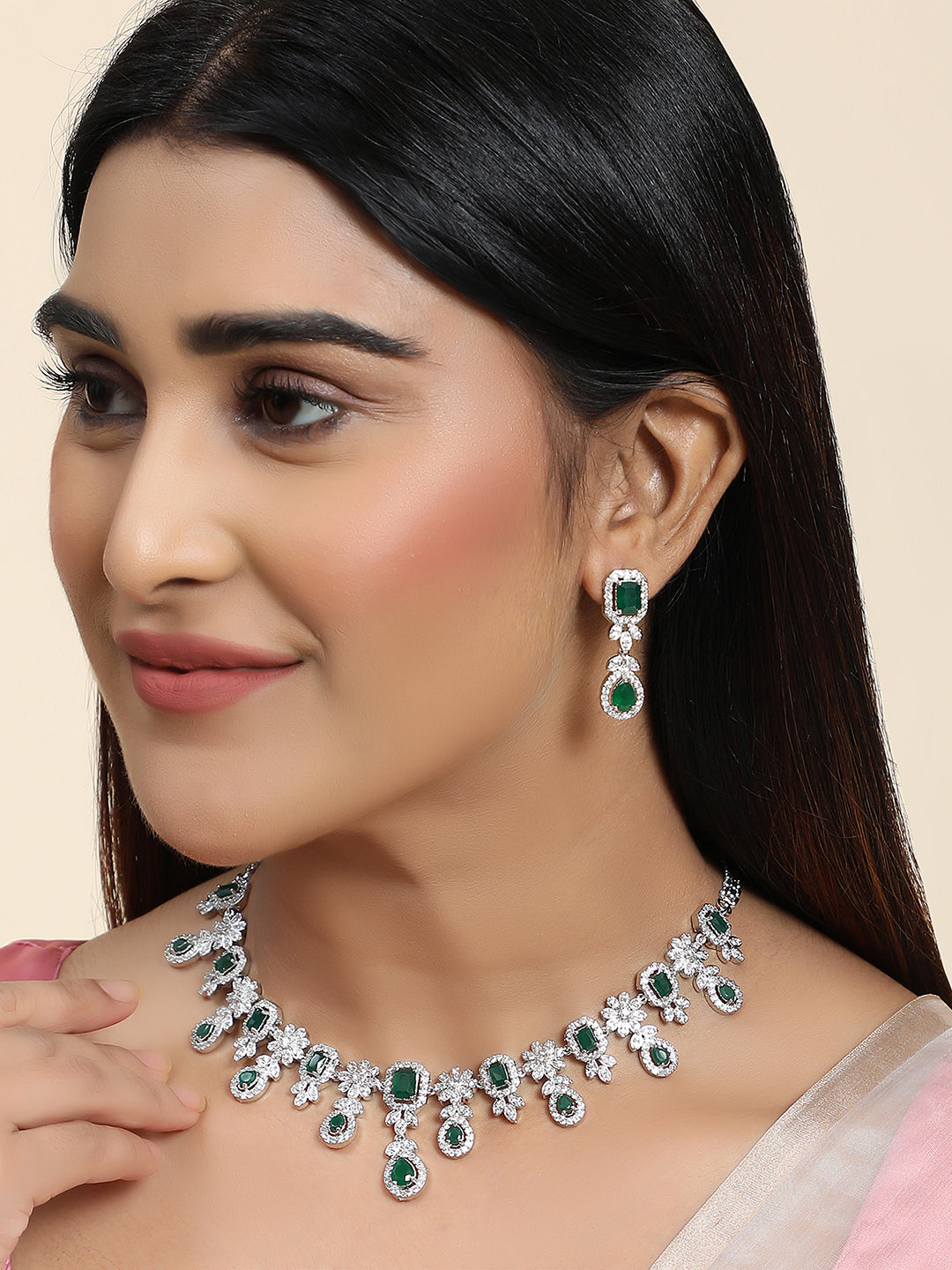 Women's Silver Plated AD & Emerald Green Stone Studded Jewellery Set
