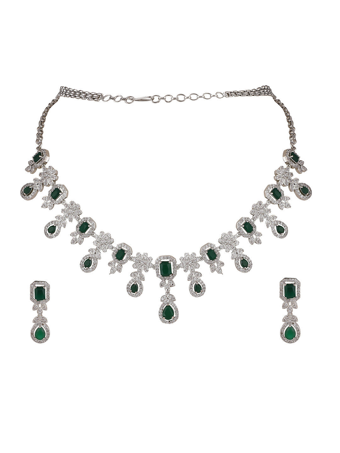 Women's Silver Plated AD & Emerald Green Stone Studded Jewellery Set