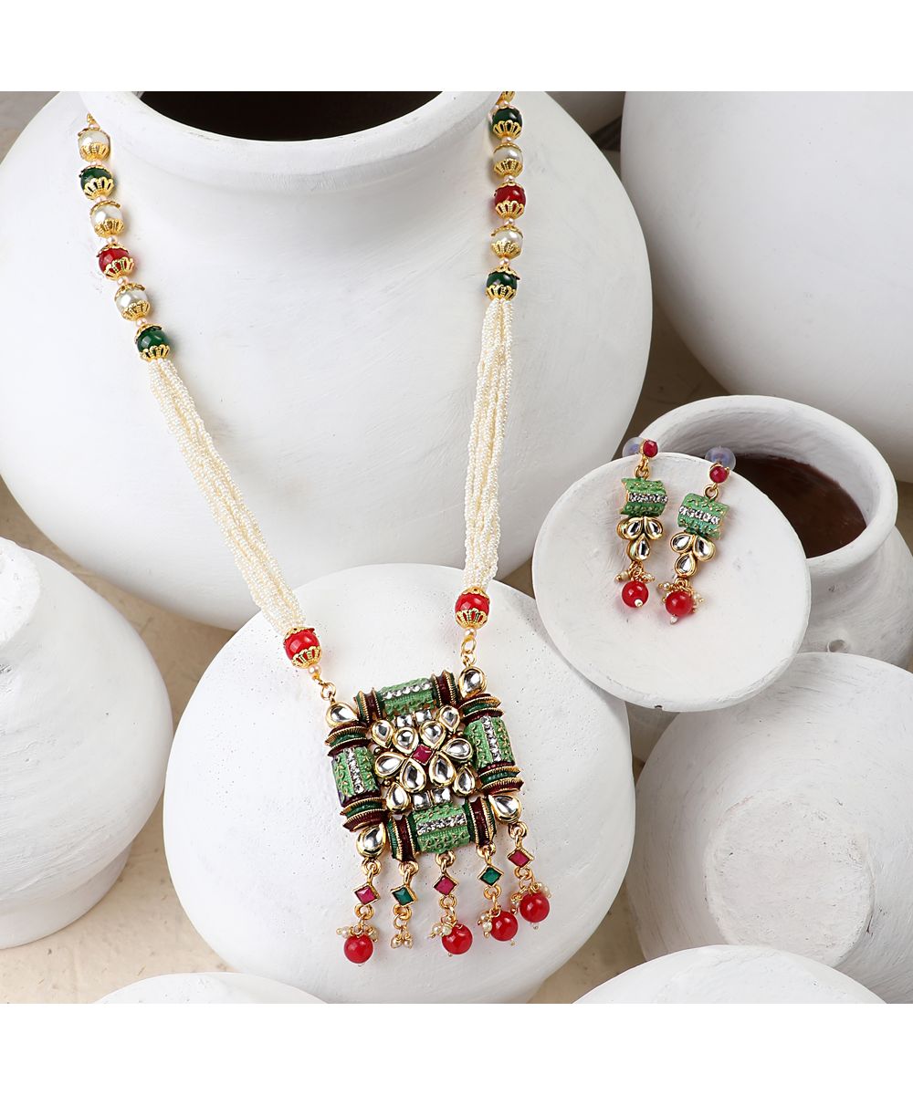 Women's Traditional Square shaped Enameled Kundan and Pearl studded Pearl Drop Peandant and Earring Set