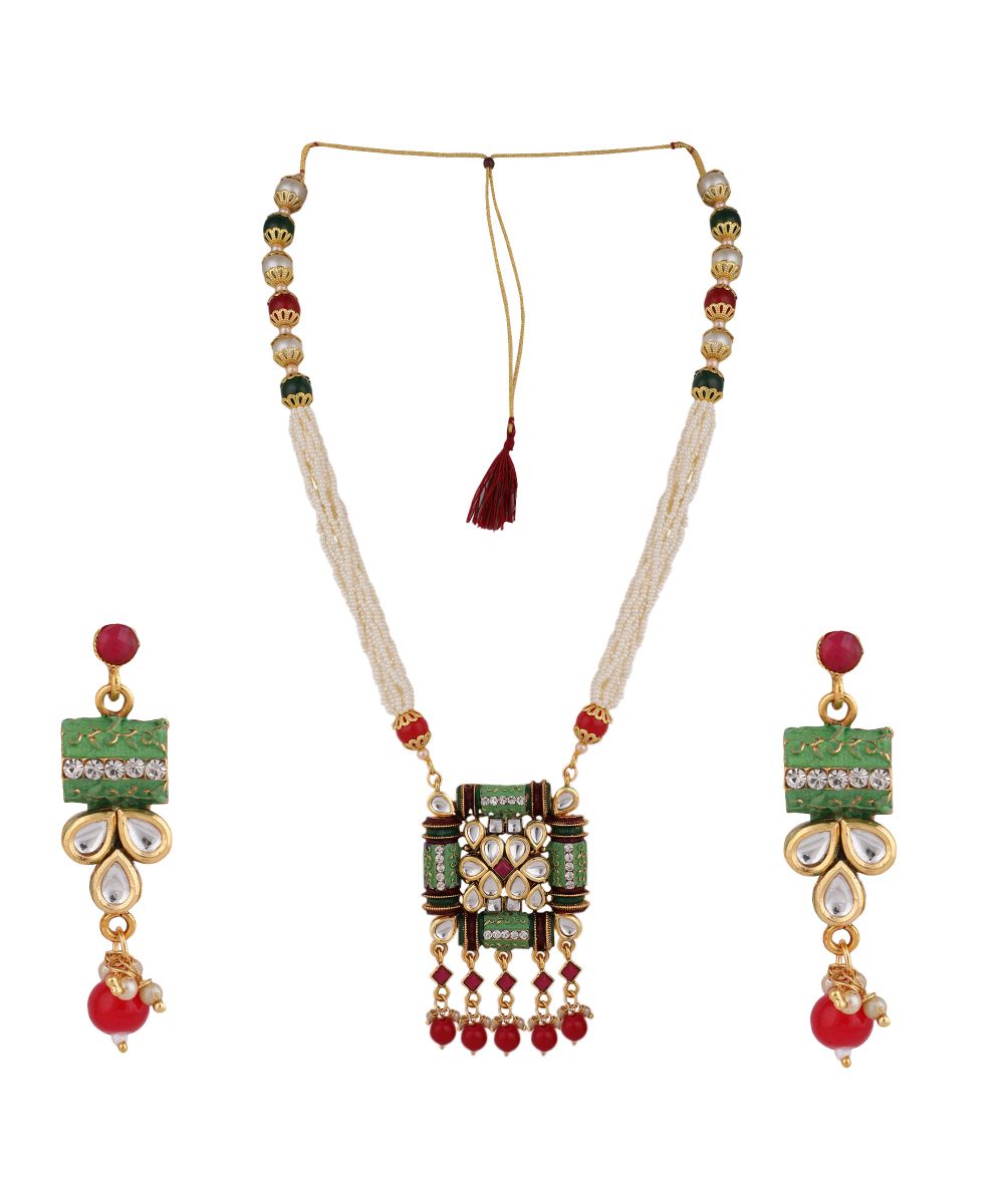 Women's Traditional Square shaped Enameled Kundan and Pearl studded Pearl Drop Peandant and Earring Set