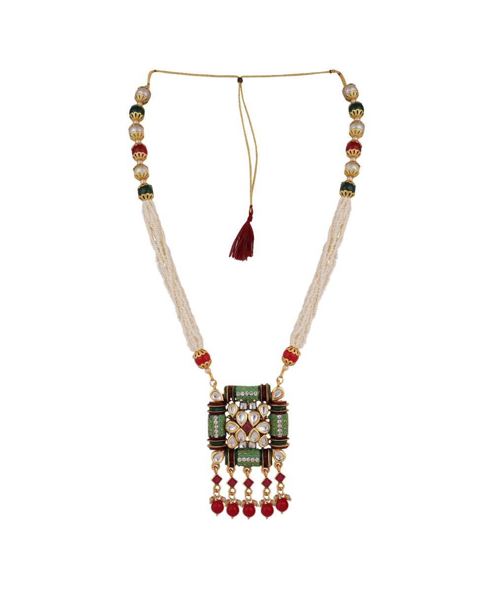 Women's Traditional Square shaped Enameled Kundan and Pearl studded Pearl Drop Peandant and Earring Set