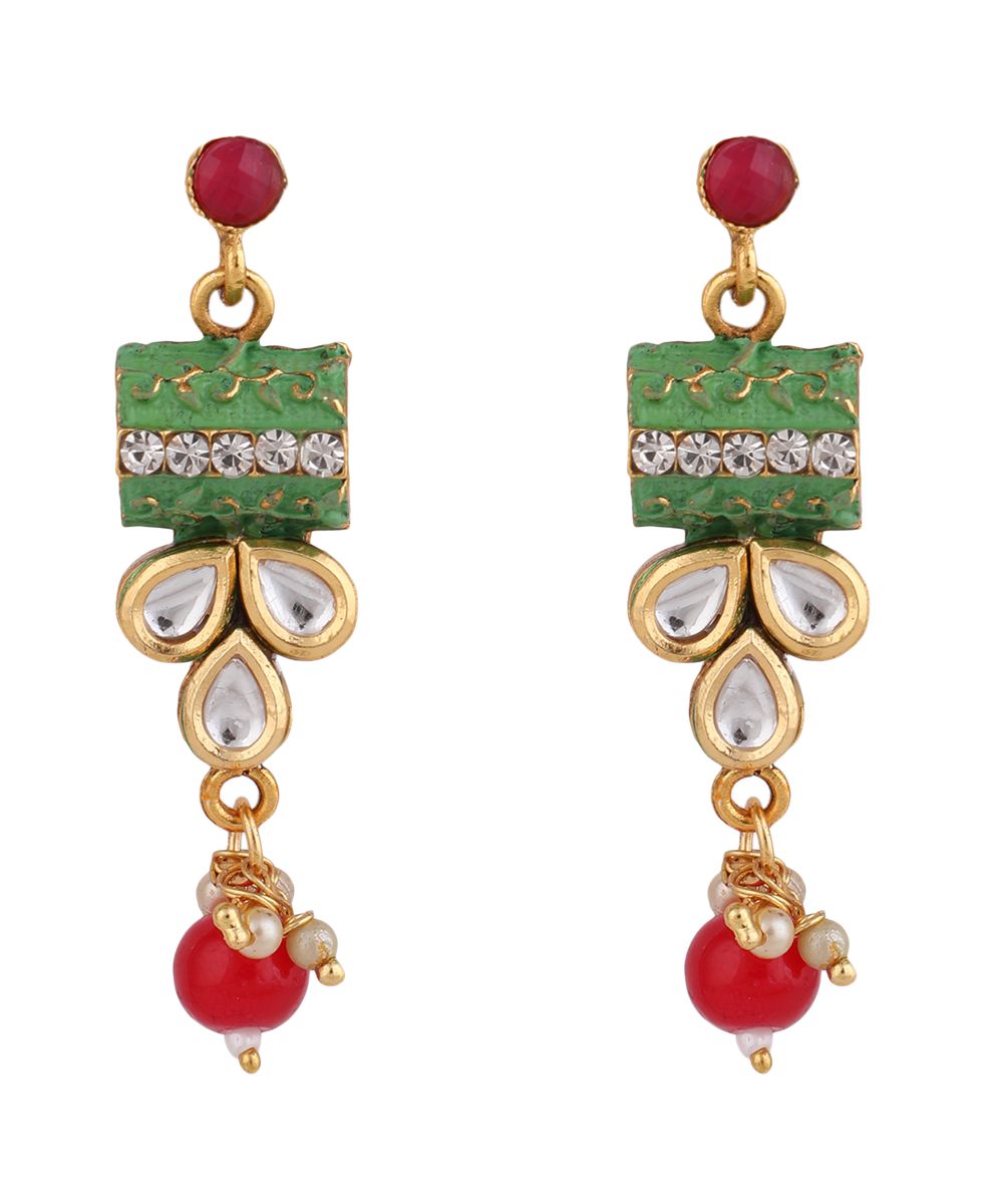 Women's Traditional Square shaped Enameled Kundan and Pearl studded Pearl Drop Peandant and Earring Set