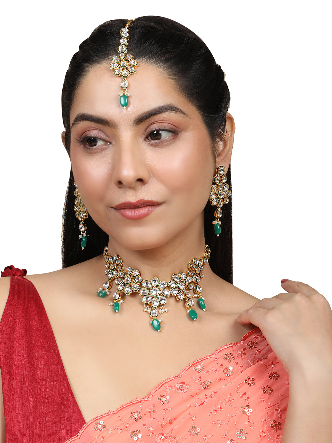 Women's/Girls Statement Gold Plated Green Colored Kundan Studded Pearl Drop Necklace Set With Earring And Maangtikka