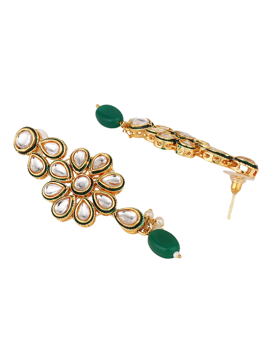Women's/Girls Statement Gold Plated Green Colored Kundan Studded Pearl Drop Necklace Set With Earring And Maangtikka