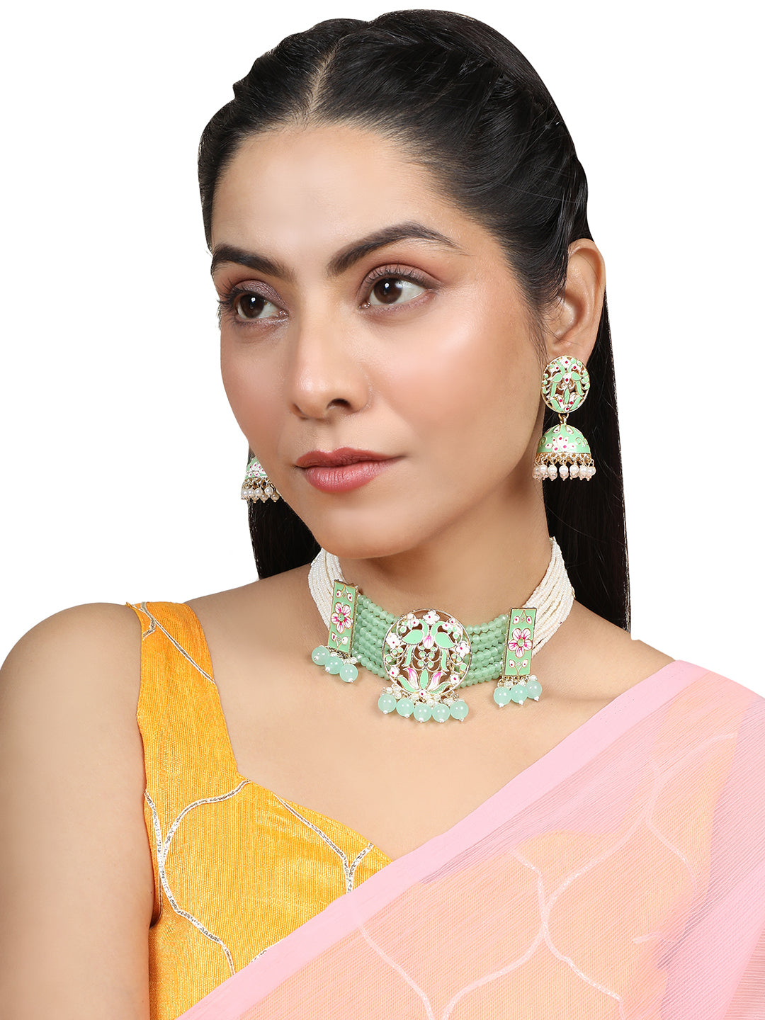Women's/Girls Ethnic Gold Plated Green Colored Enameled Pearl Studded Choker Se With Earrings