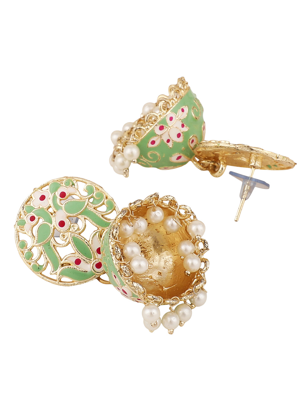 Women's/Girls Ethnic Gold Plated Green Colored Enameled Pearl Studded Choker Se With Earrings