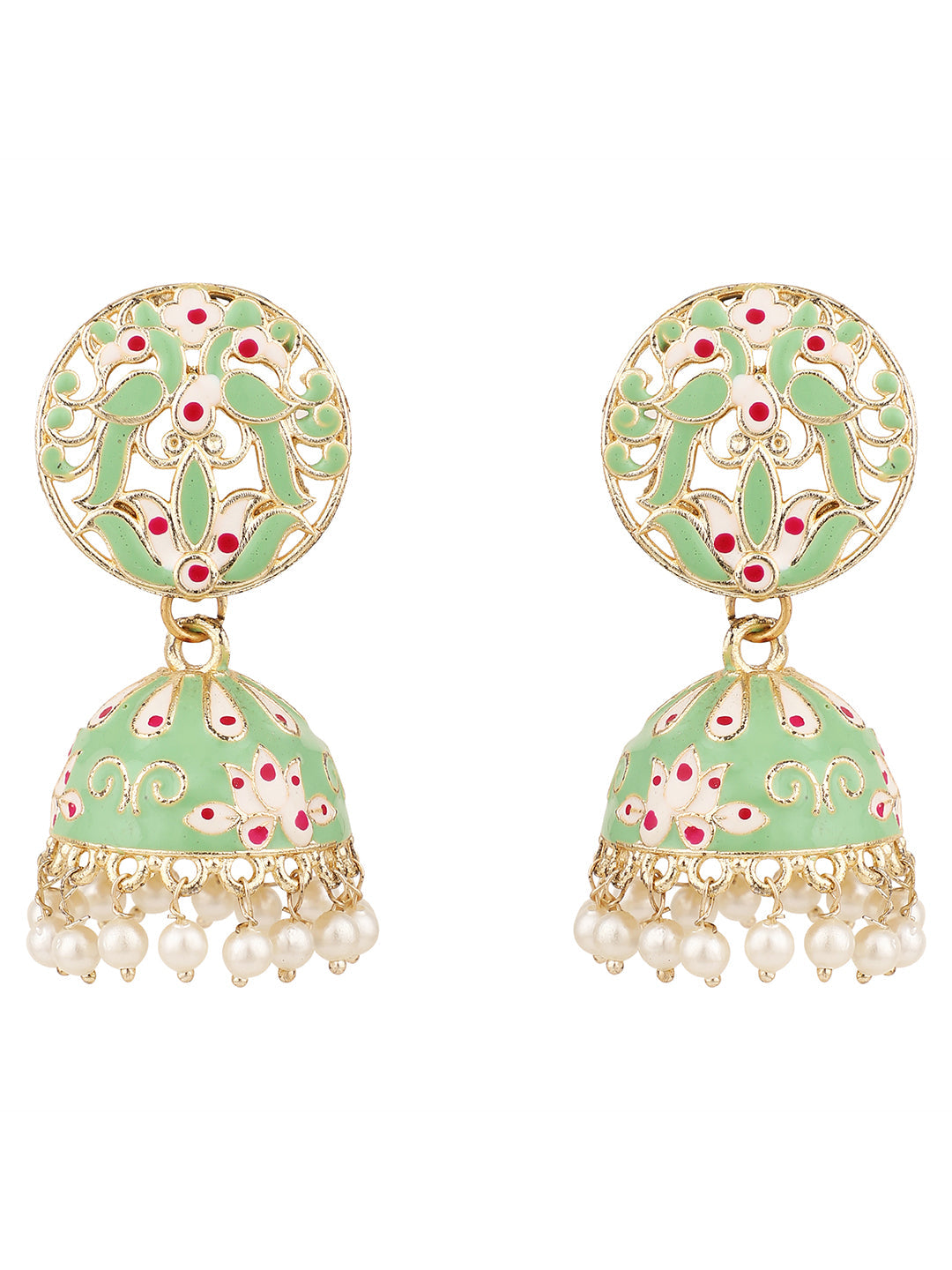 Women's/Girls Ethnic Gold Plated Green Colored Enameled Pearl Studded Choker Se With Earrings
