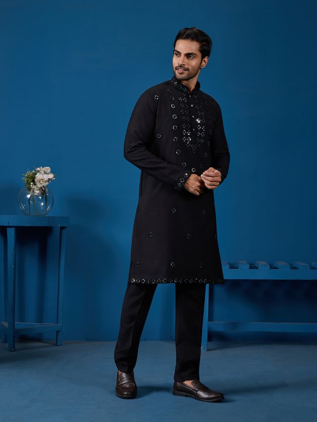 Men's Black Viscose Slik Real Mirror Work With Threads Kurta Set