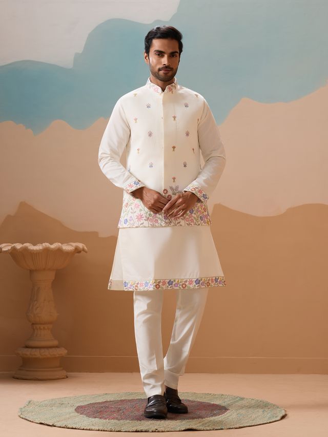Men's White Viscose Silk Multi Thread With Sequence Embroidered Work Kurta Set