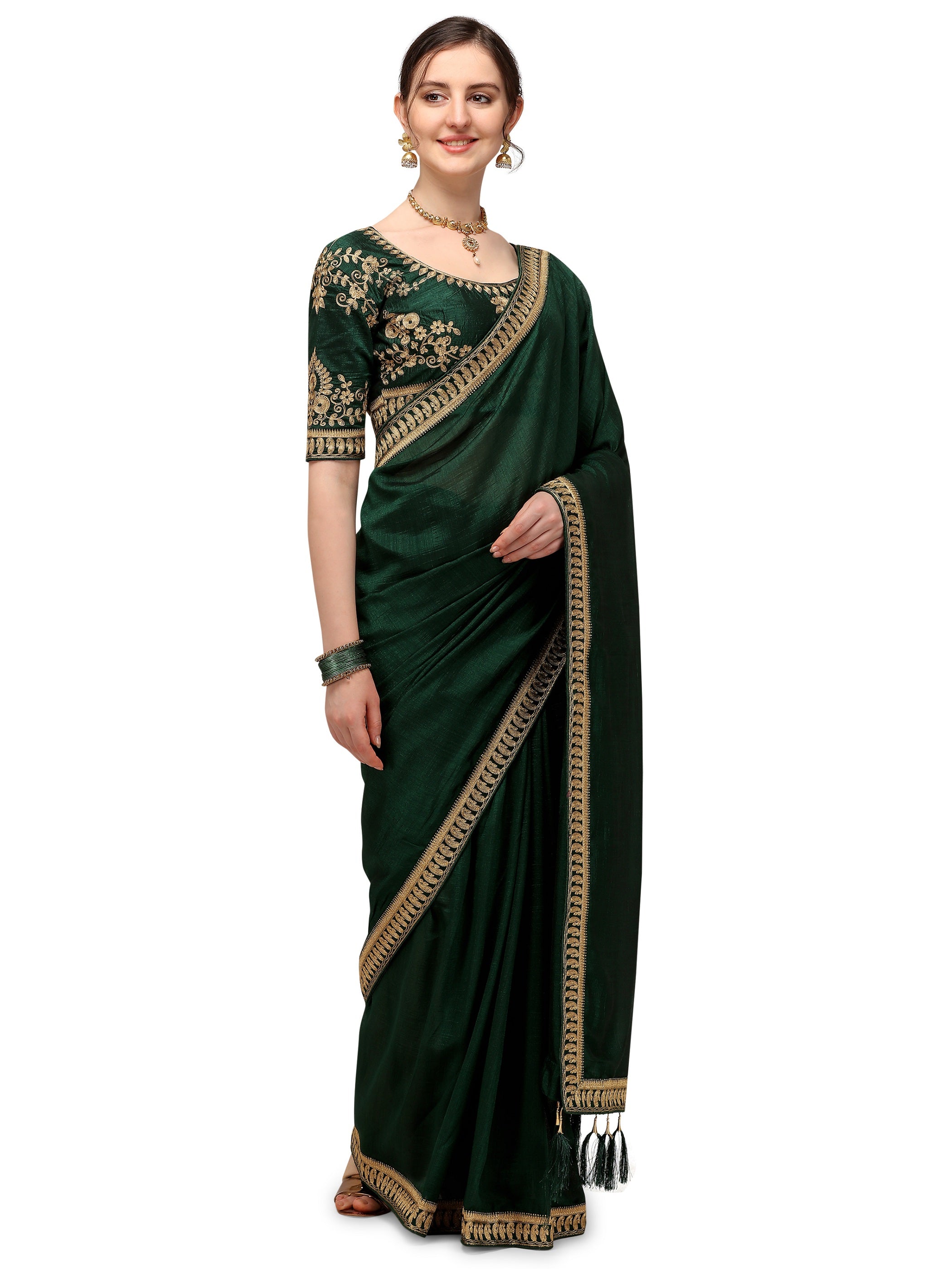 Women's Solid Zari Embroidery Paisley Design Border Wedding Wear Pure Silk Saree With Embroiderd Blouse Piece (Green) - NIMIDHYA