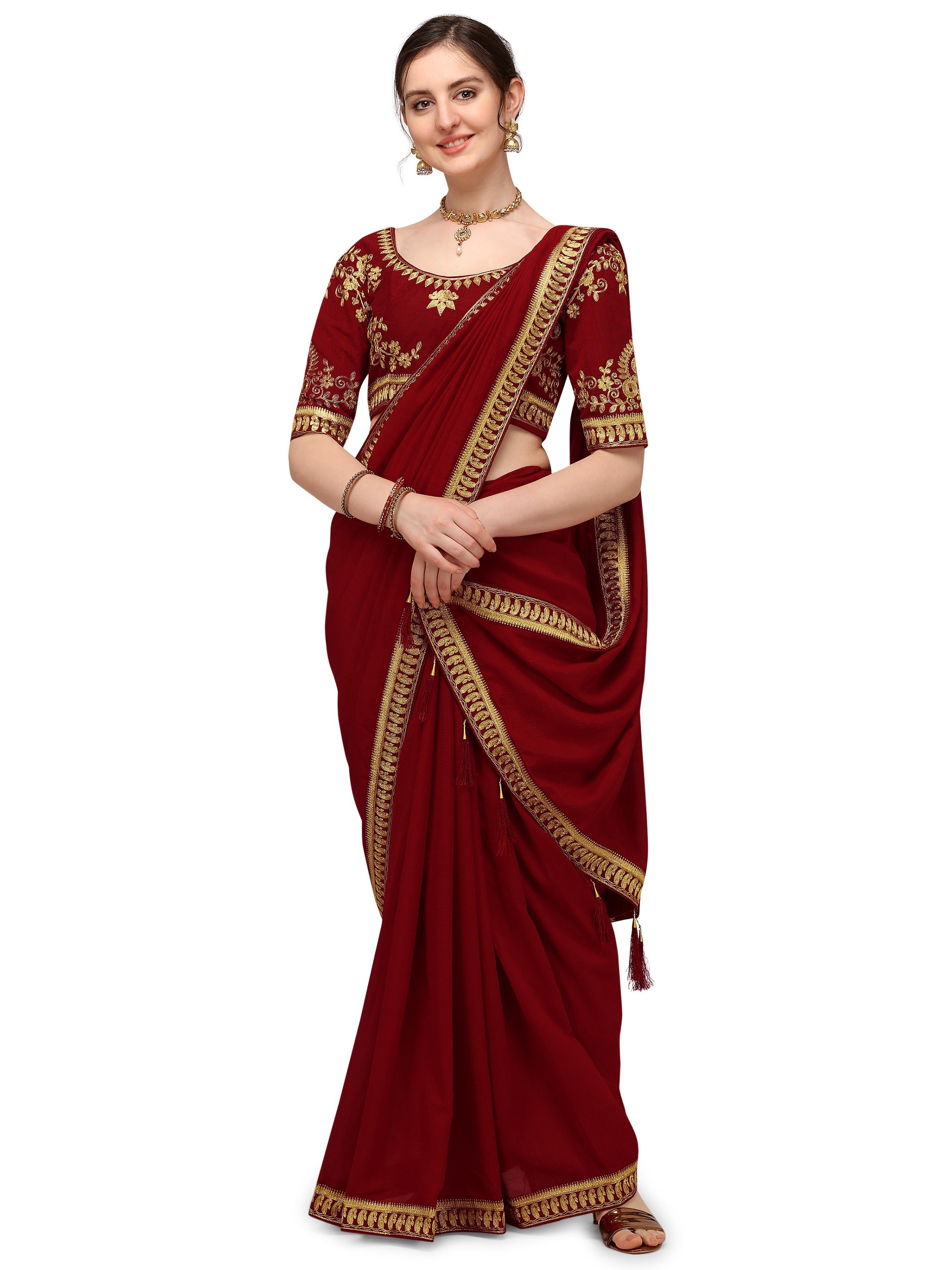 Women's Solid Zari Embroidery Paisley Design Border Wedding Wear Pure Silk Saree With Embroiderd Blouse Piece (Maroon) - NIMIDHYA