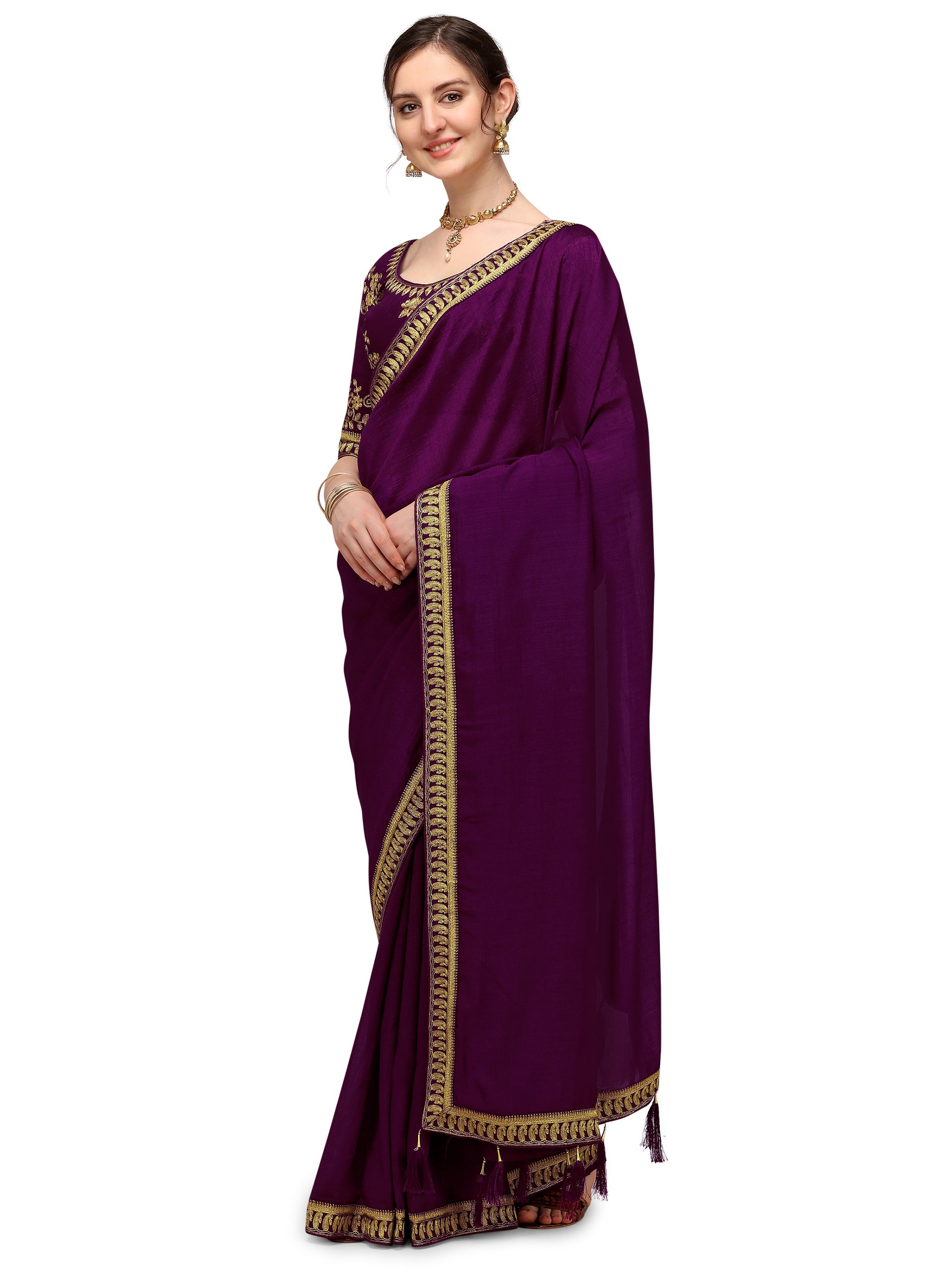 Women's Solid Zari Embroidery Paisley Design Border Wedding Wear Pure Silk Saree With Embroiderd Blouse Piece (Purple) - NIMIDHYA