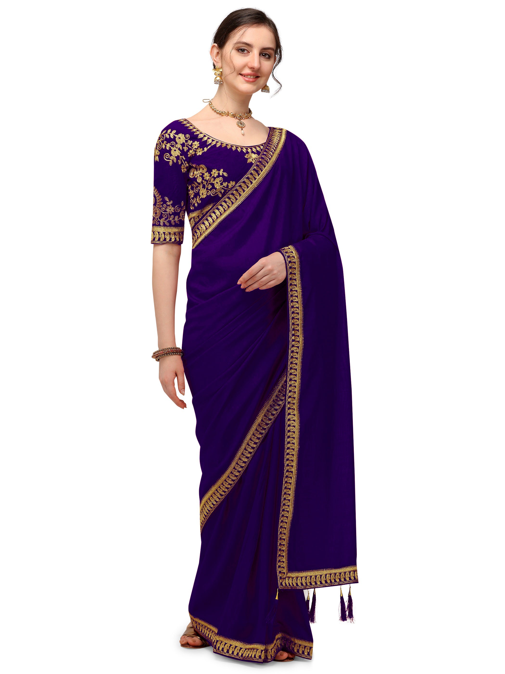 Women's Solid Zari Embroidery Paisley Design Border Wedding Wear Pure Silk Saree With Embroiderd Blouse Piece (Violet) - NIMIDHYA