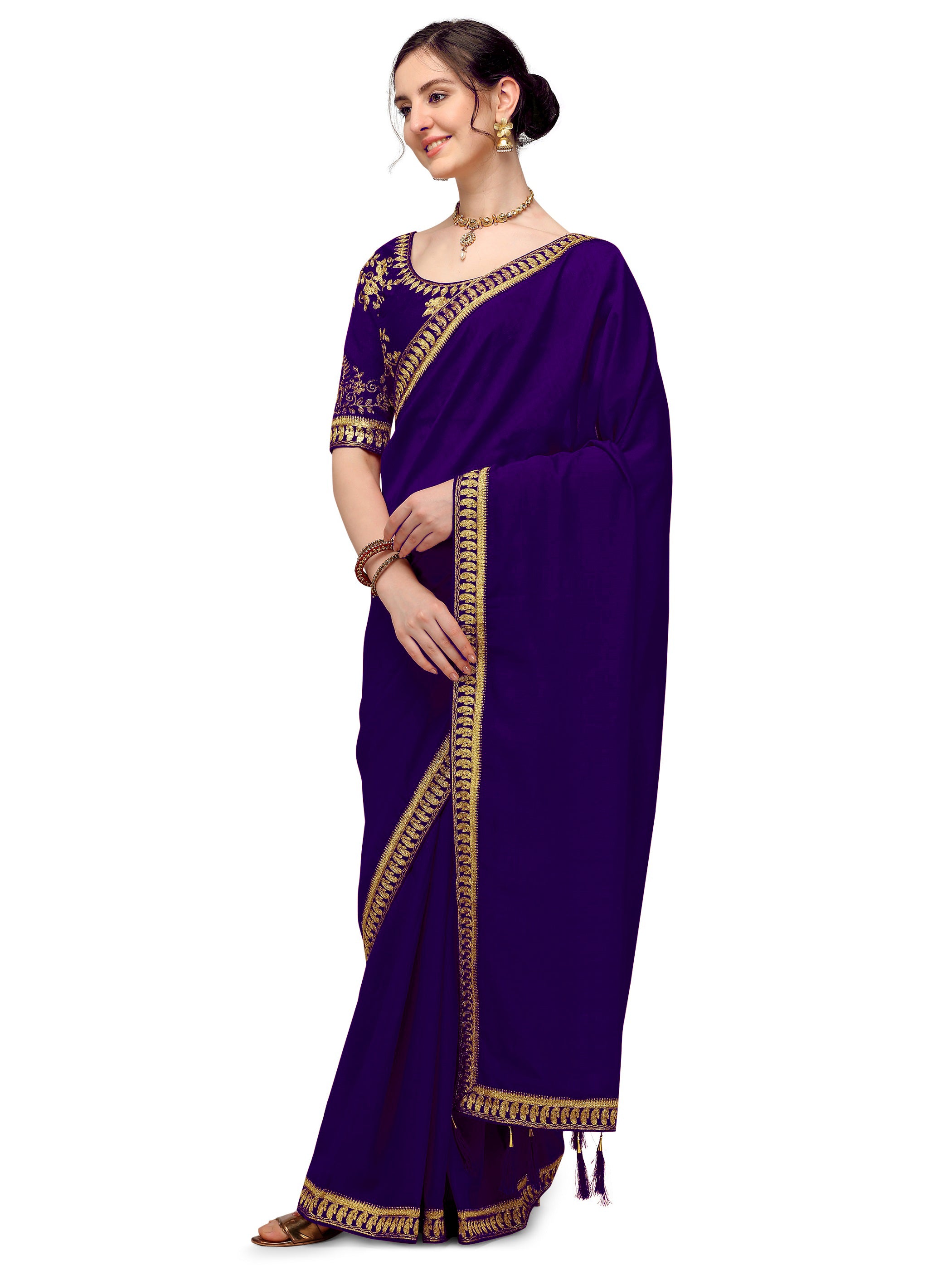Women's Solid Zari Embroidery Paisley Design Border Wedding Wear Pure Silk Saree With Embroiderd Blouse Piece (Violet) - NIMIDHYA