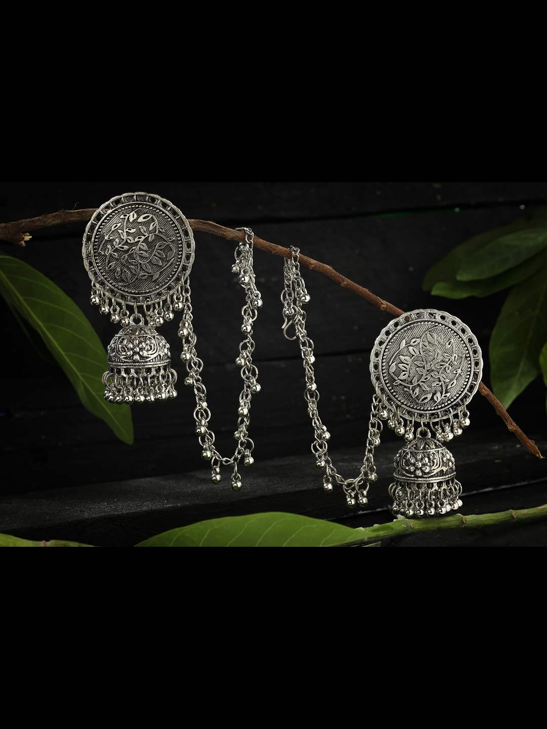 Johar Kamal Trendy Oxidized Silver plated Bahubali Jhumkas Ea