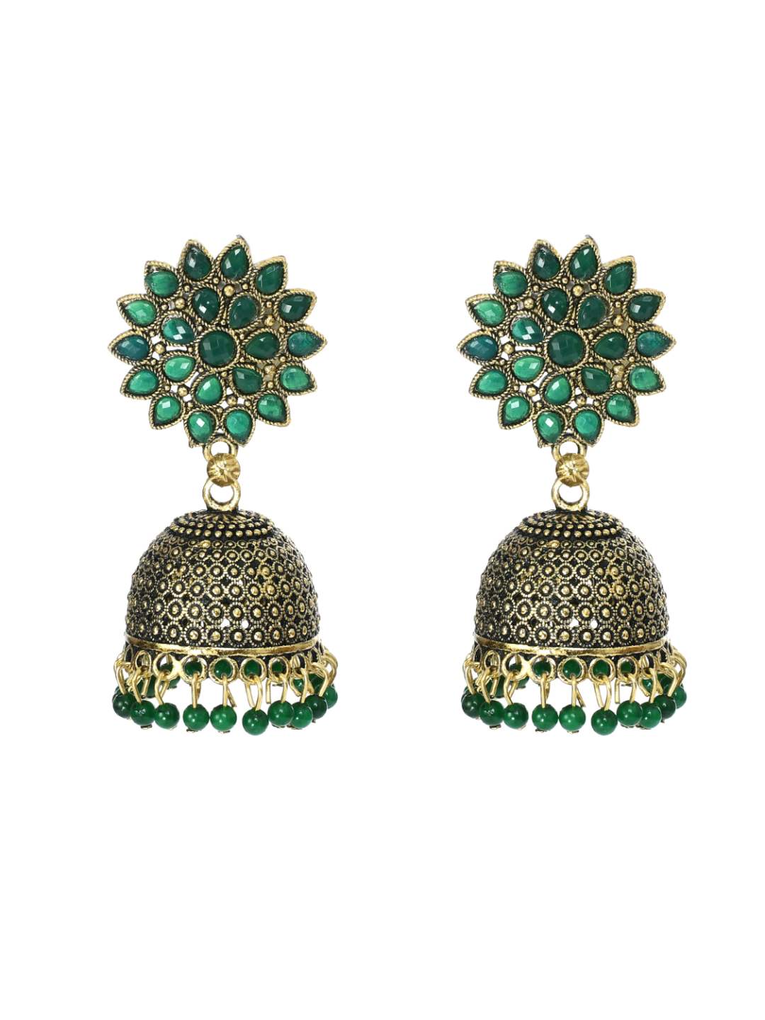 Johar Kamal Kundan work Jhumkas with Green Pearls Ear