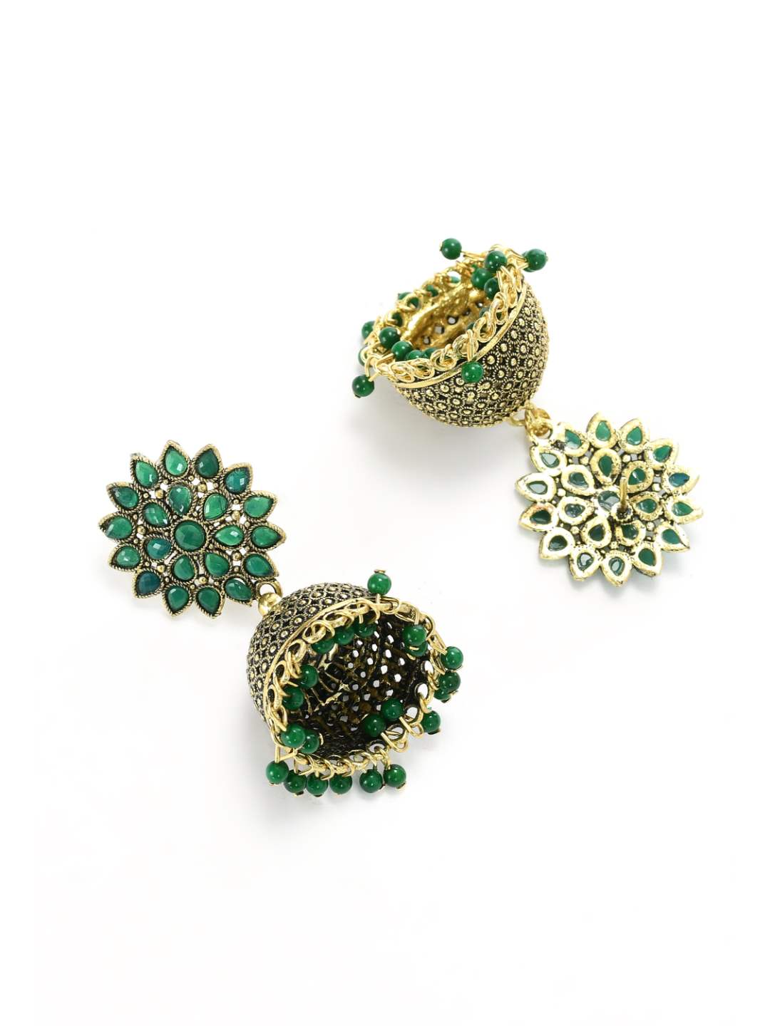 Johar Kamal Kundan work Jhumkas with Green Pearls Ear