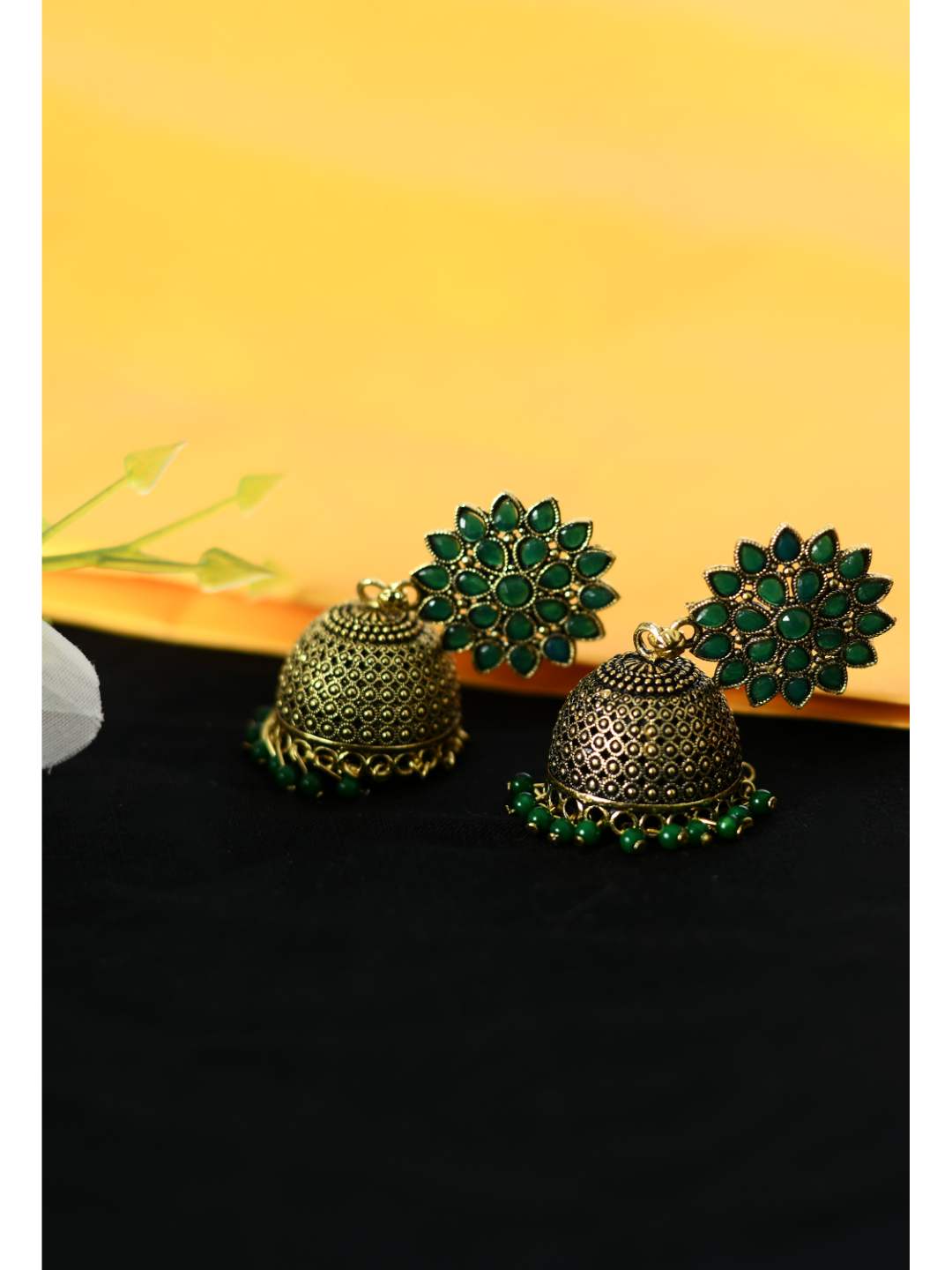 Johar Kamal Kundan work Jhumkas with Green Pearls Ear