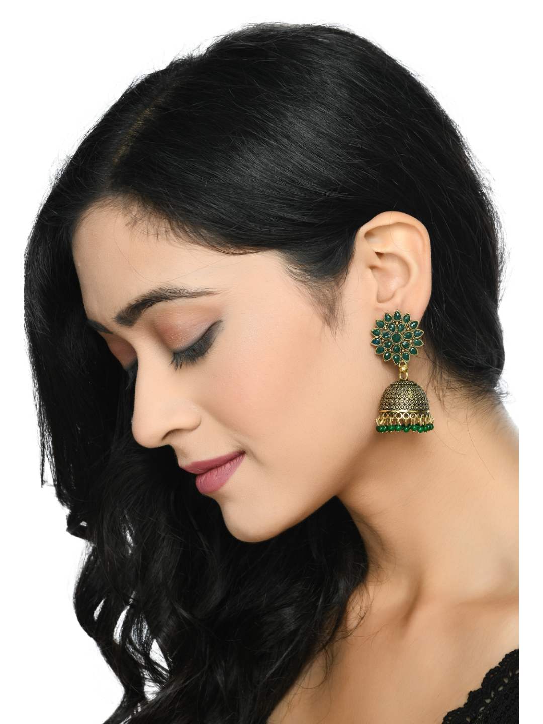 Johar Kamal Kundan work Jhumkas with Green Pearls Ear
