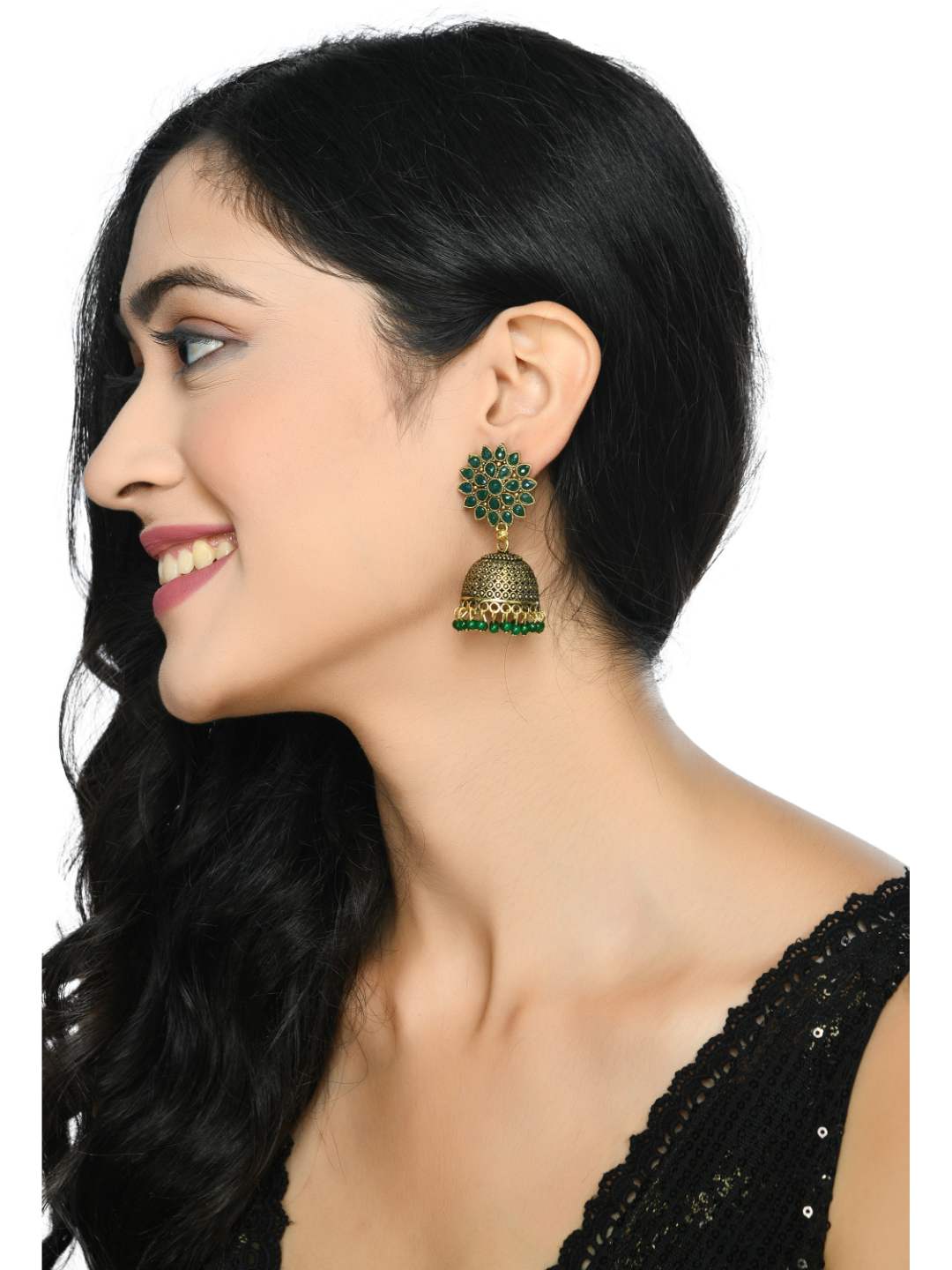 Johar Kamal Kundan work Jhumkas with Green Pearls Ear