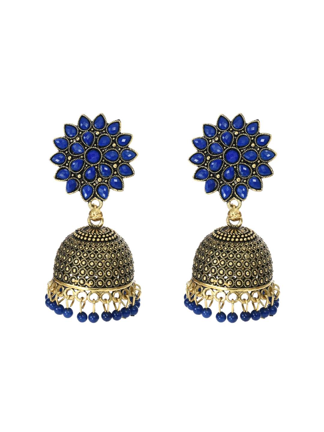 Johar Kamal Kundan work Jhumkas with Blue Pearls Ear