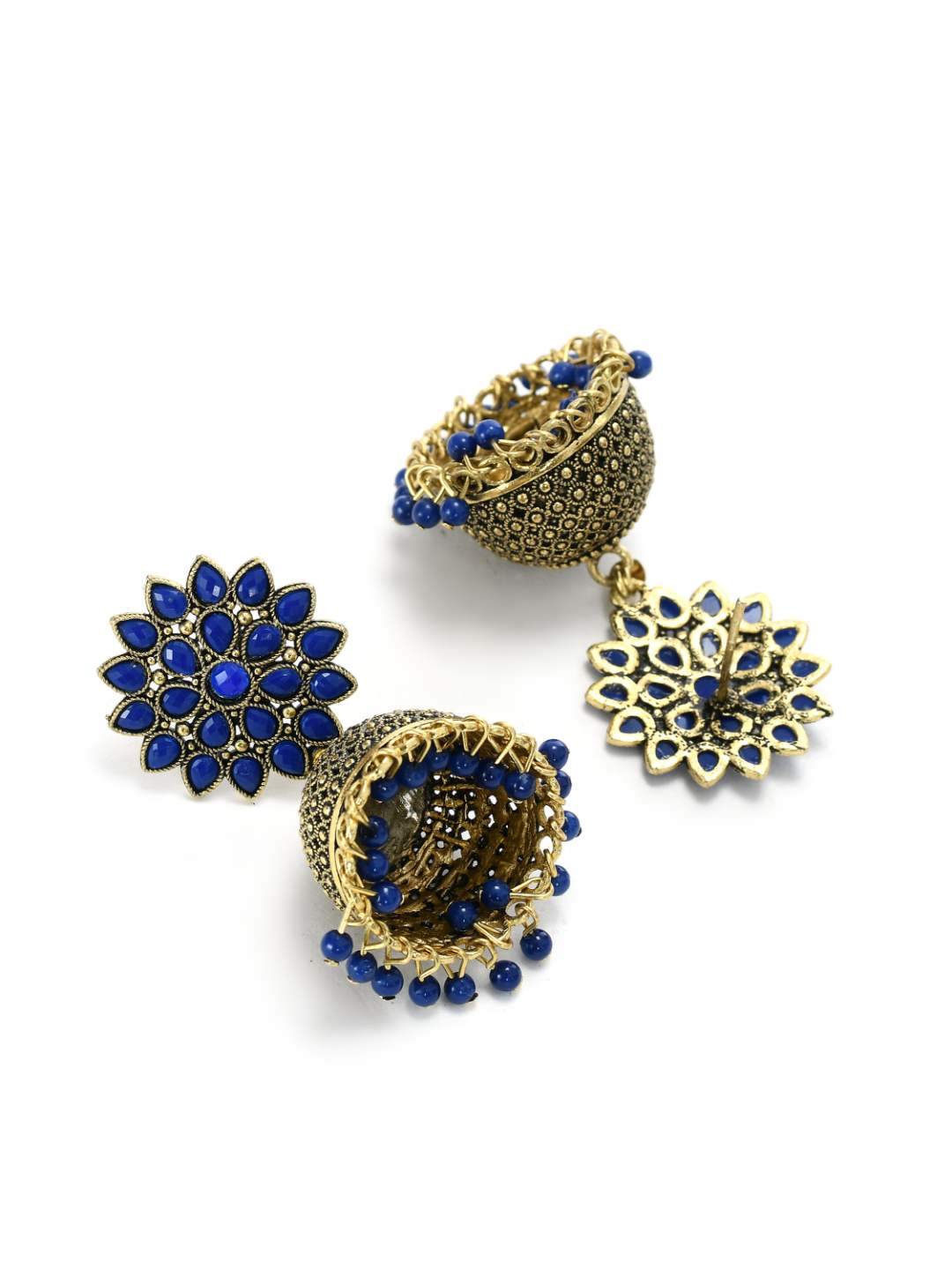 Johar Kamal Kundan work Jhumkas with Blue Pearls Ear