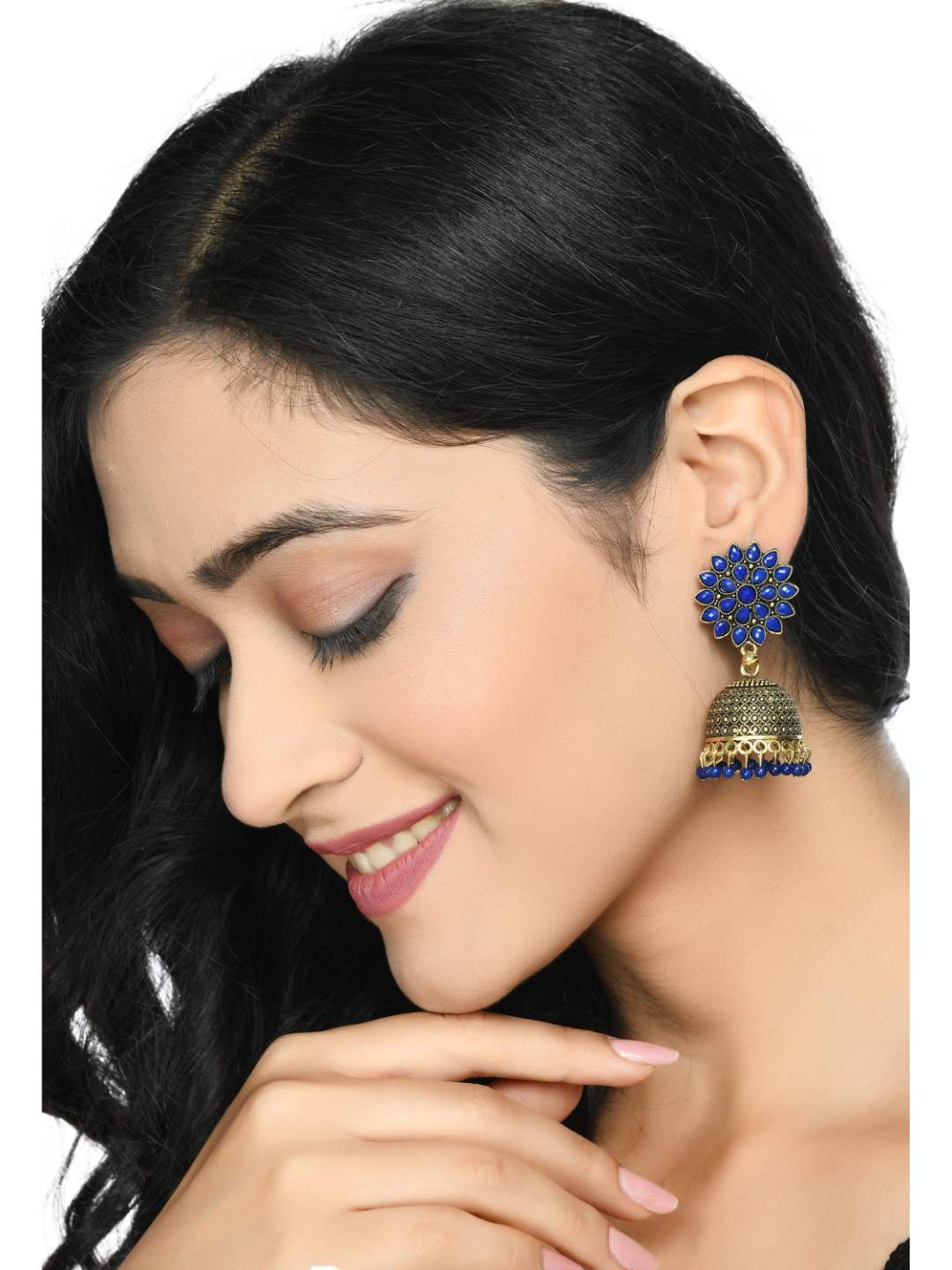 Johar Kamal Kundan work Jhumkas with Blue Pearls Ear