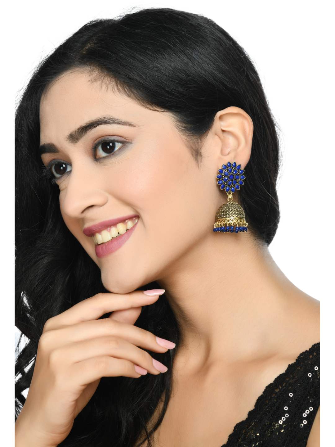 Johar Kamal Kundan work Jhumkas with Blue Pearls Ear