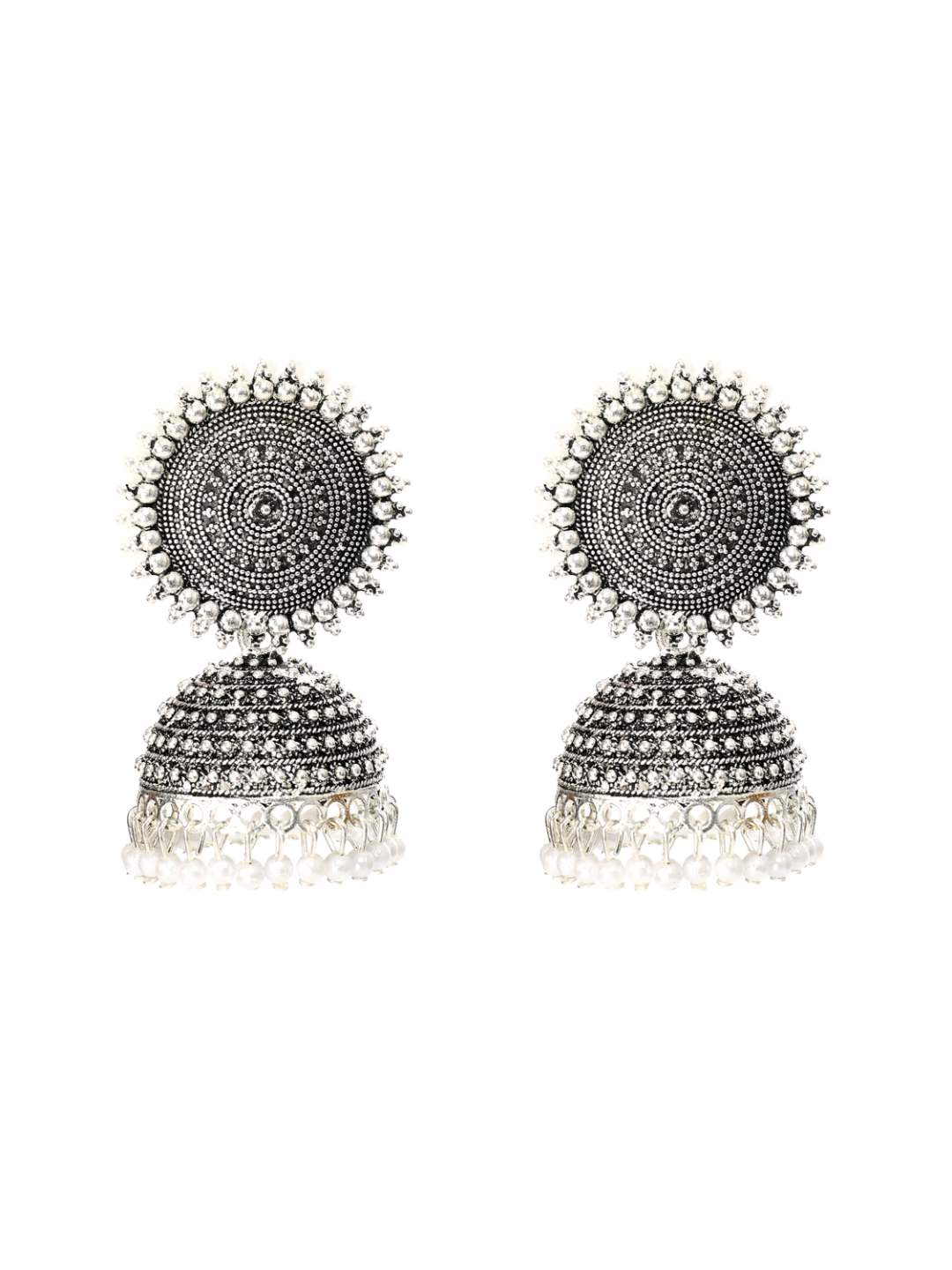 Johar Kamal Silver color Jhumkas with white Pearls Ear
