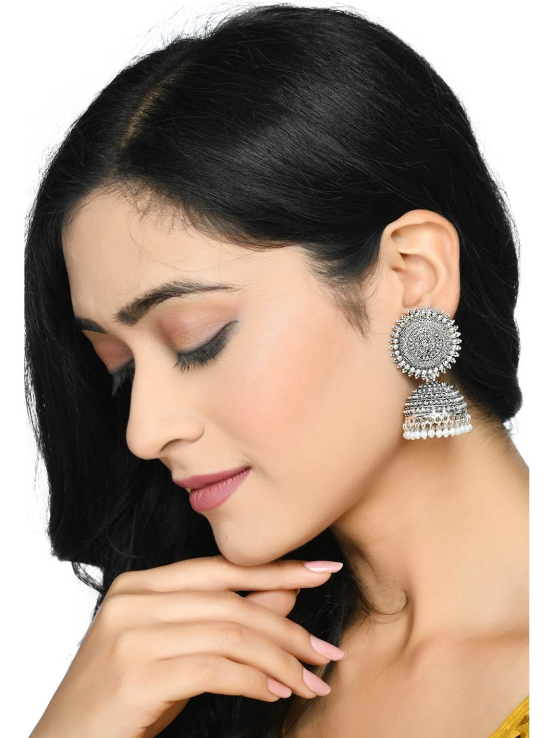 Johar Kamal Silver color Jhumkas with white Pearls Ear