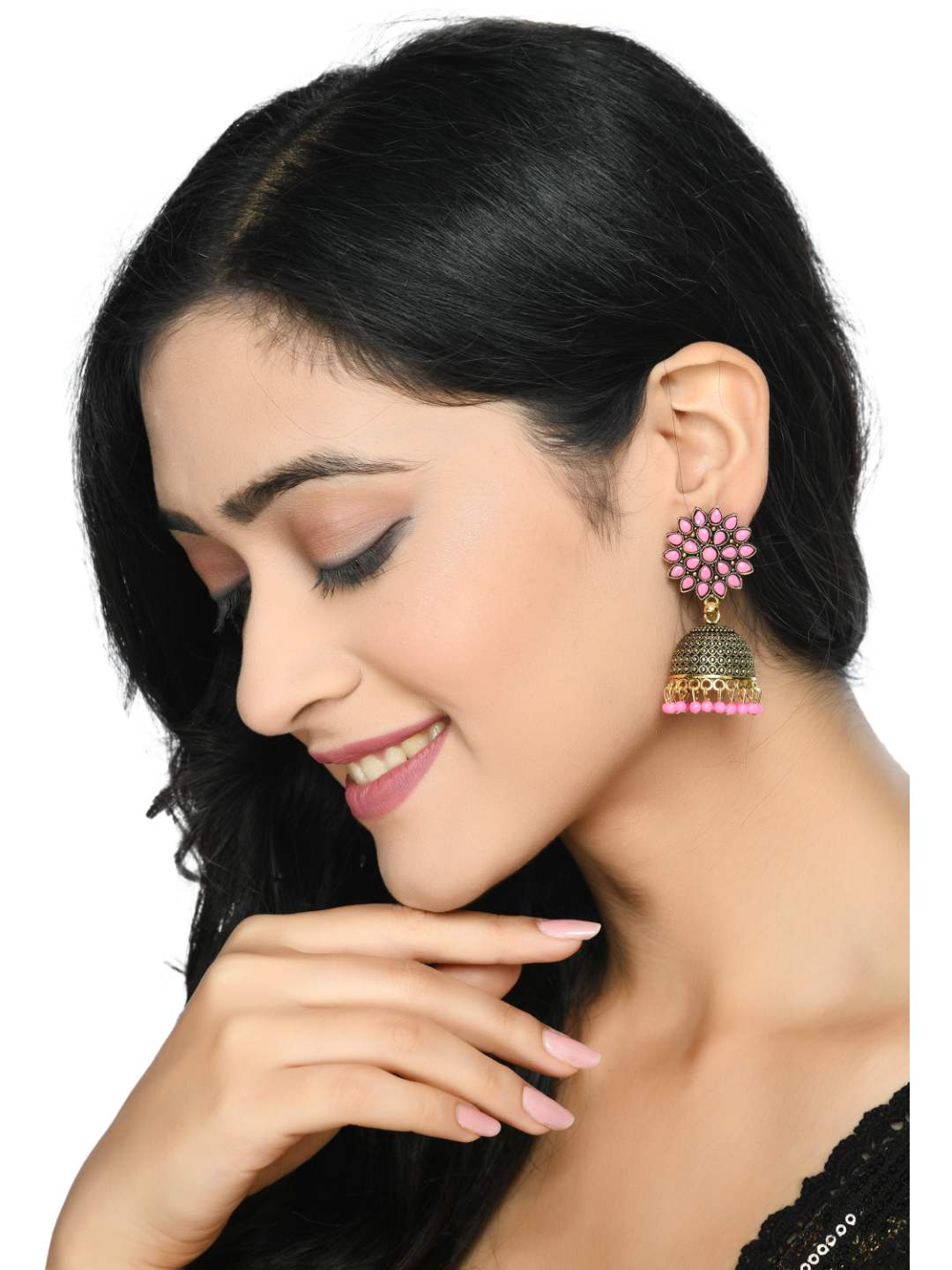 Trendia Kundan work Jhumkas with Baby Pink Pearls Ear