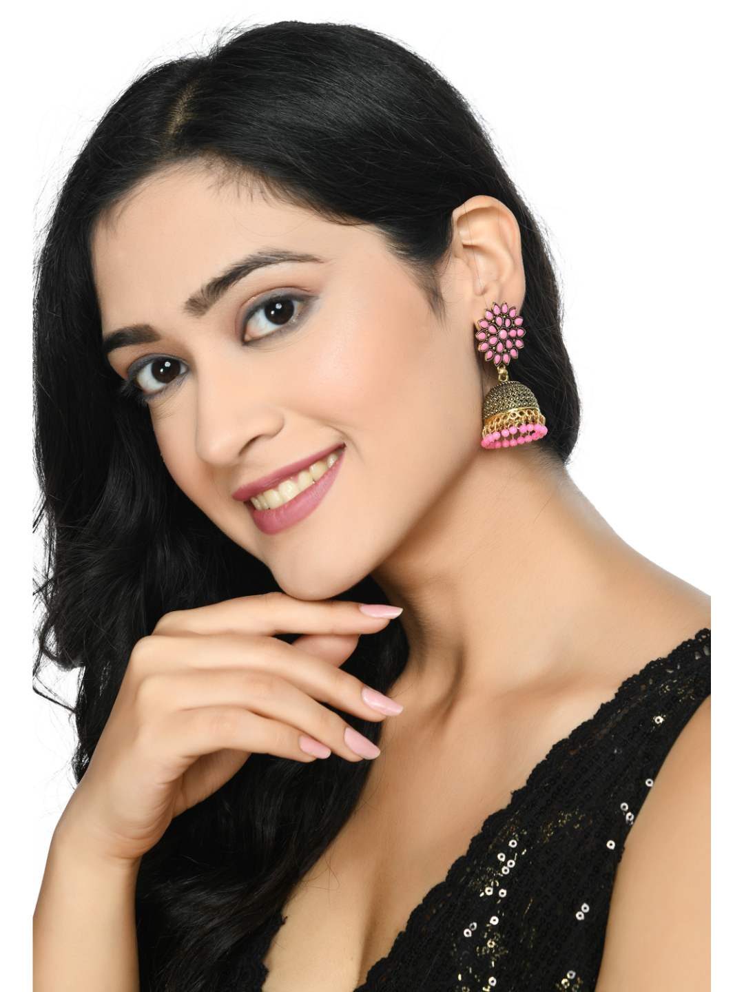 Trendia Kundan work Jhumkas with Baby Pink Pearls Ear