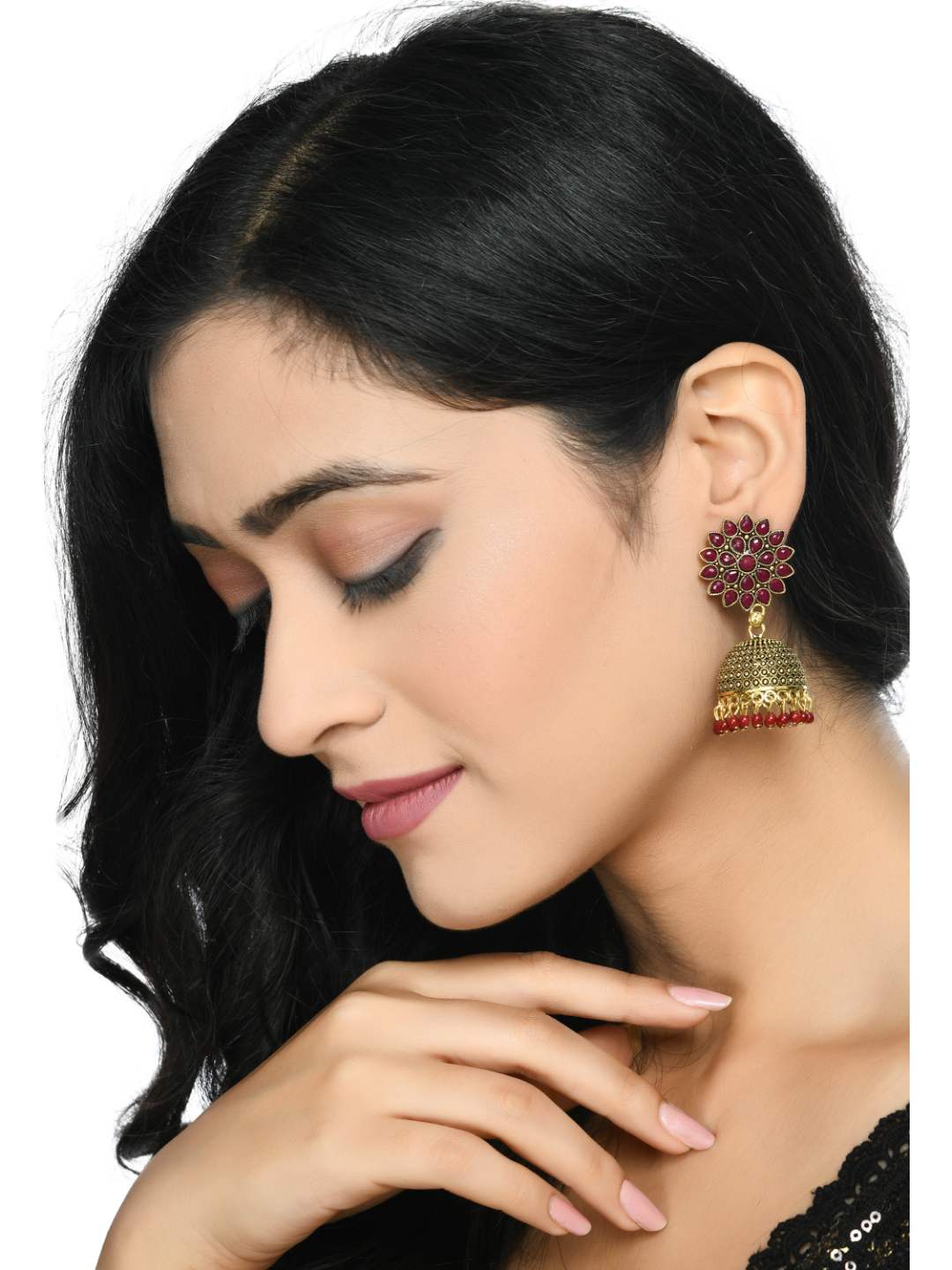 Trendia Kundan work Jhumka with Maroon Pearls Ear
