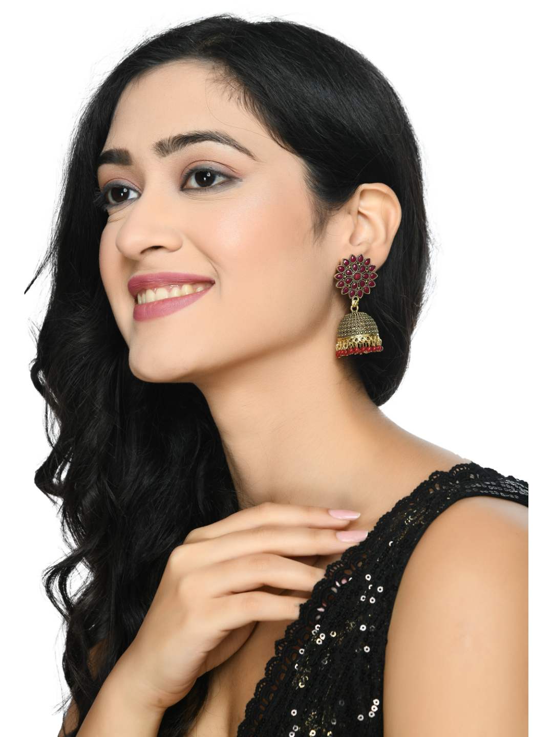 Trendia Kundan work Jhumka with Maroon Pearls Ear
