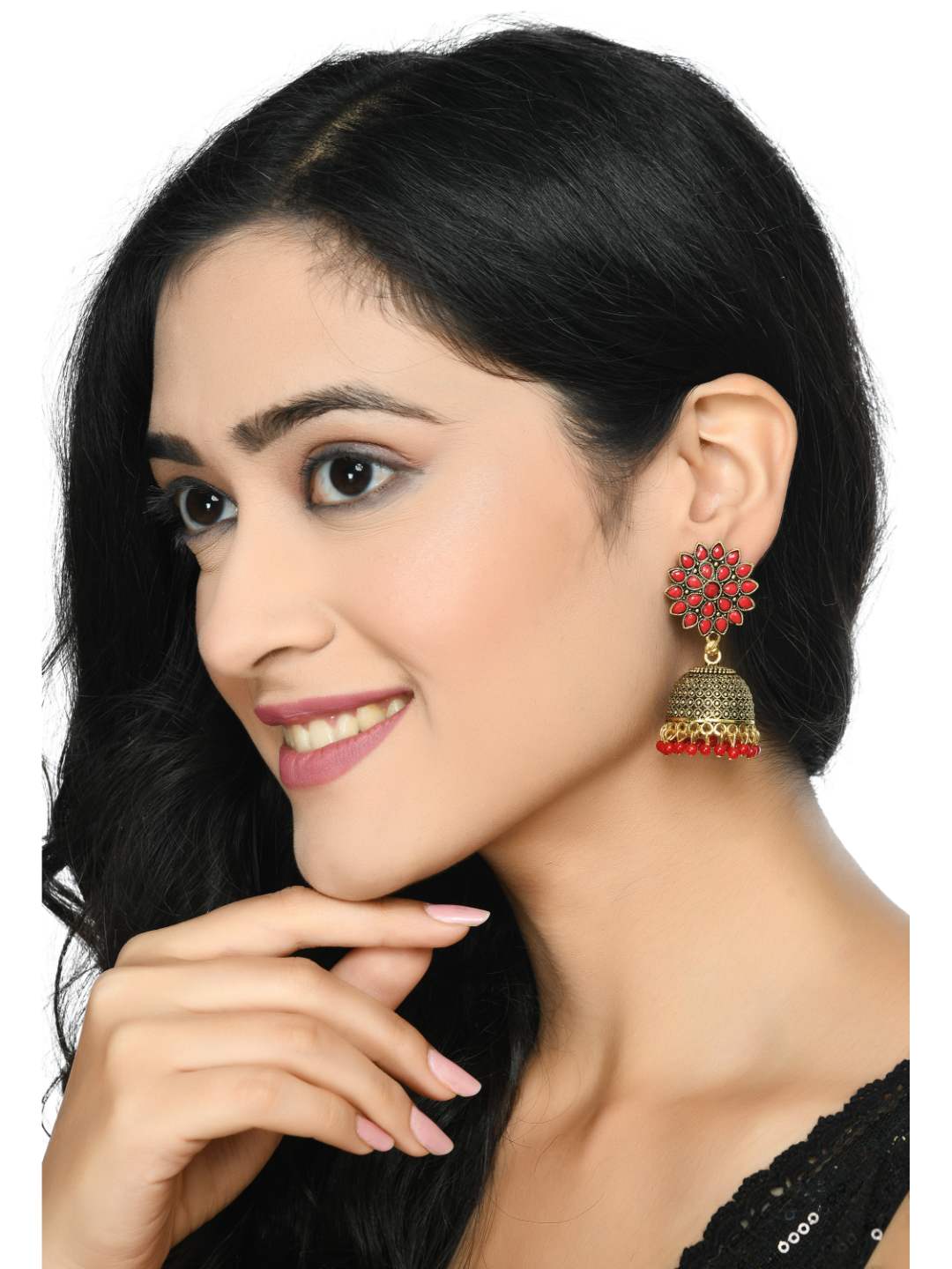 Trendia Kundan work Jkumka with Red Pearls Ear