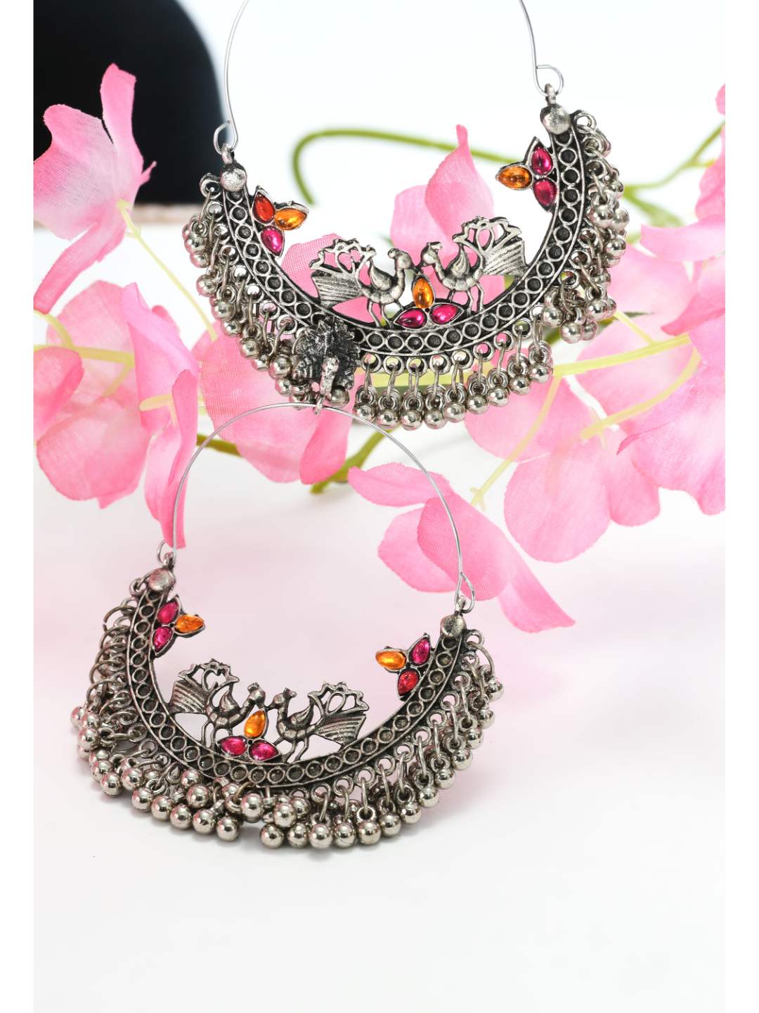Johar Kamal Silver-Plated Peacock Design Multi colour Kundan Ear