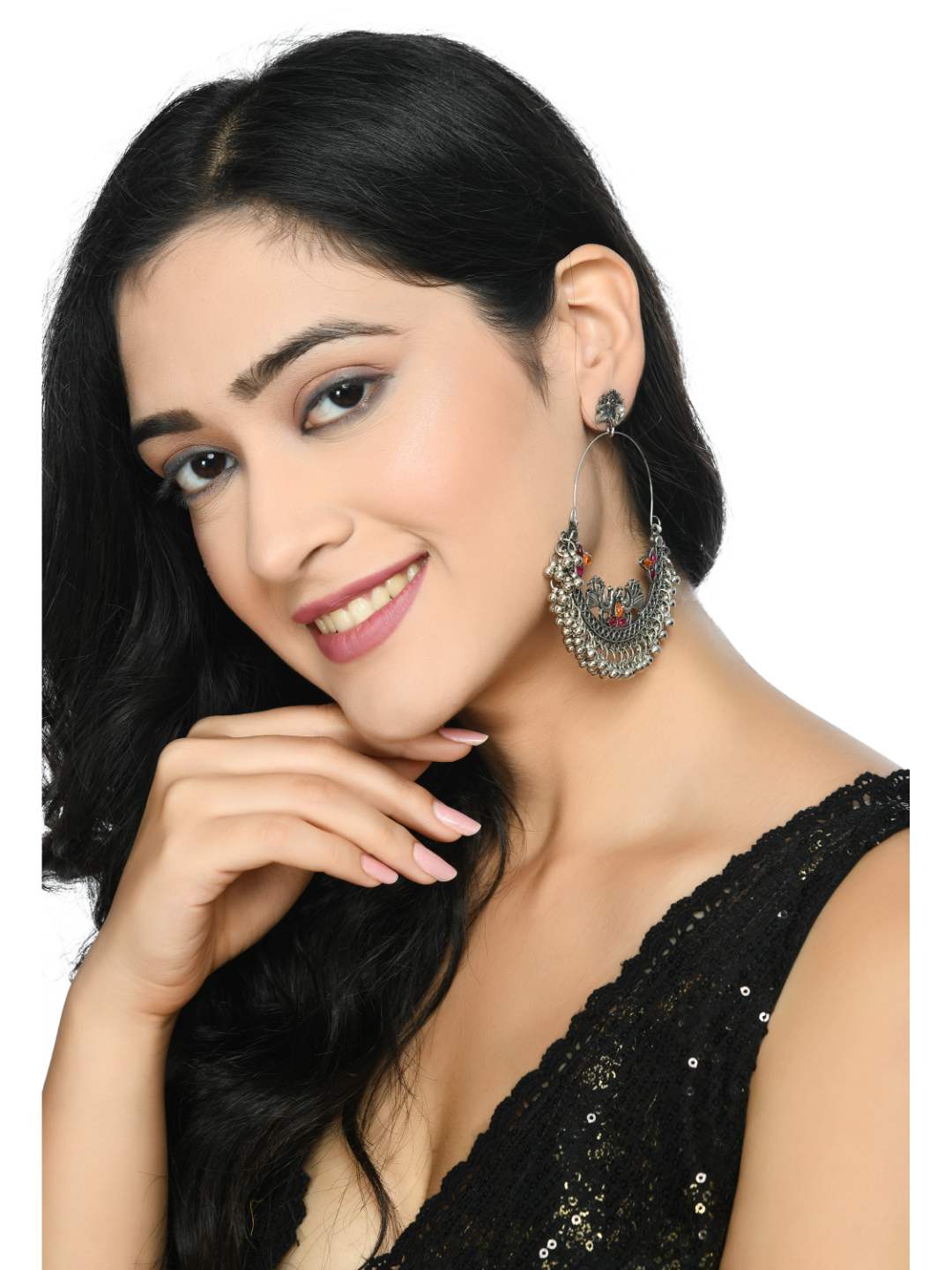Johar Kamal Silver-Plated Peacock Design Multi colour Kundan Ear