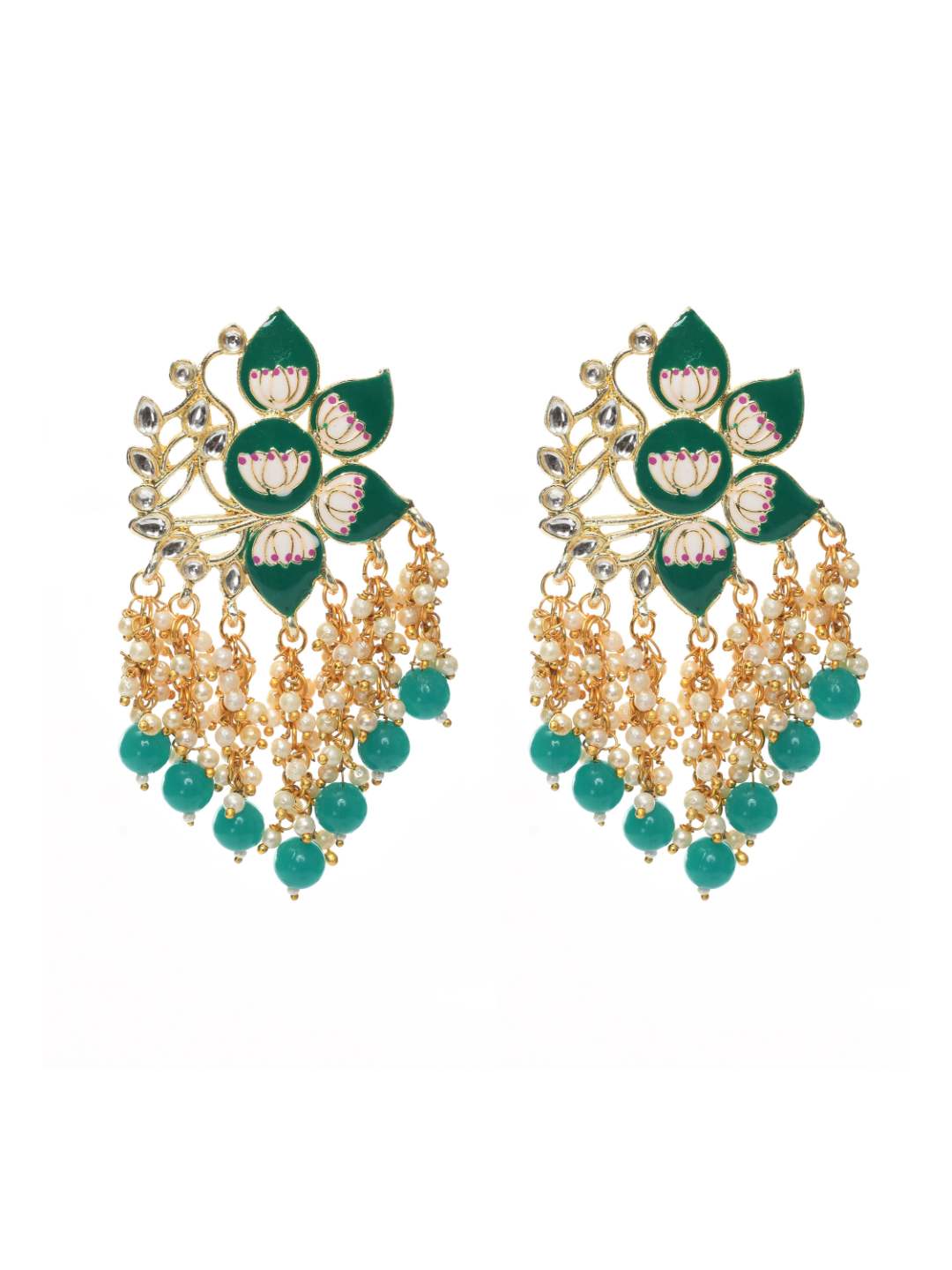Johar Kamal Women Gold-Plated Kundan Studded, Meenakari Earrings In Floral Pa