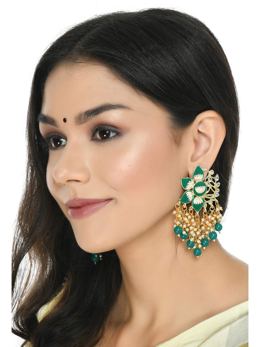 Johar Kamal Women Gold-Plated Kundan Studded, Meenakari Earrings In Floral Pa