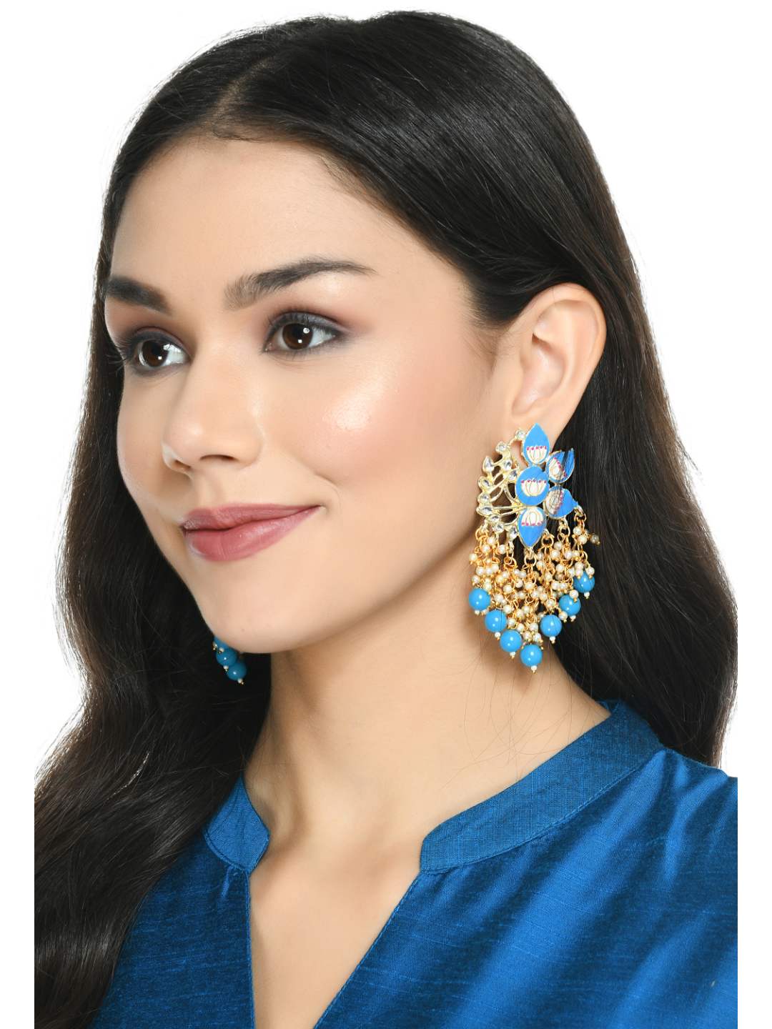 Johar Kamal Women Gold-Plated Kundan Studded, Meenakari Earrings In Floral Pa