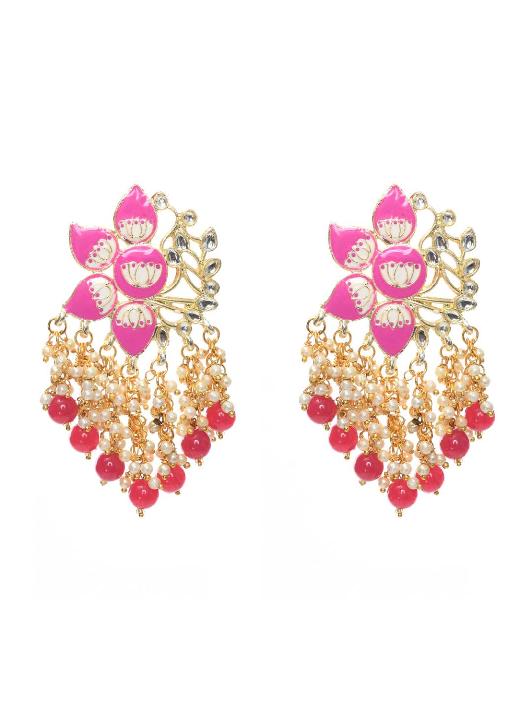 Johar Kamal Women Gold-Plated Kundan Studded, Meenakari Earrings In Floral Pa