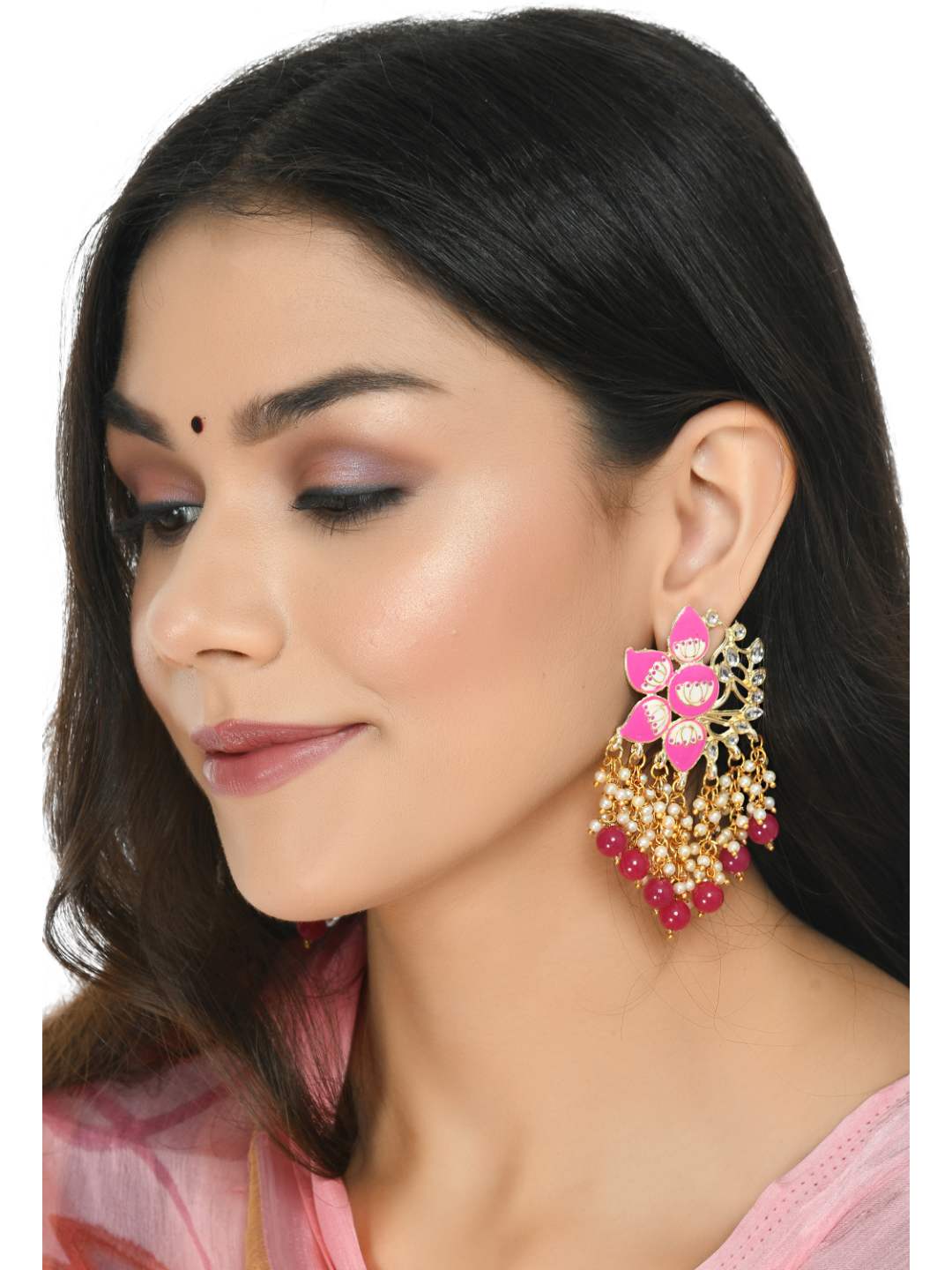 Johar Kamal Women Gold-Plated Kundan Studded, Meenakari Earrings In Floral Pa