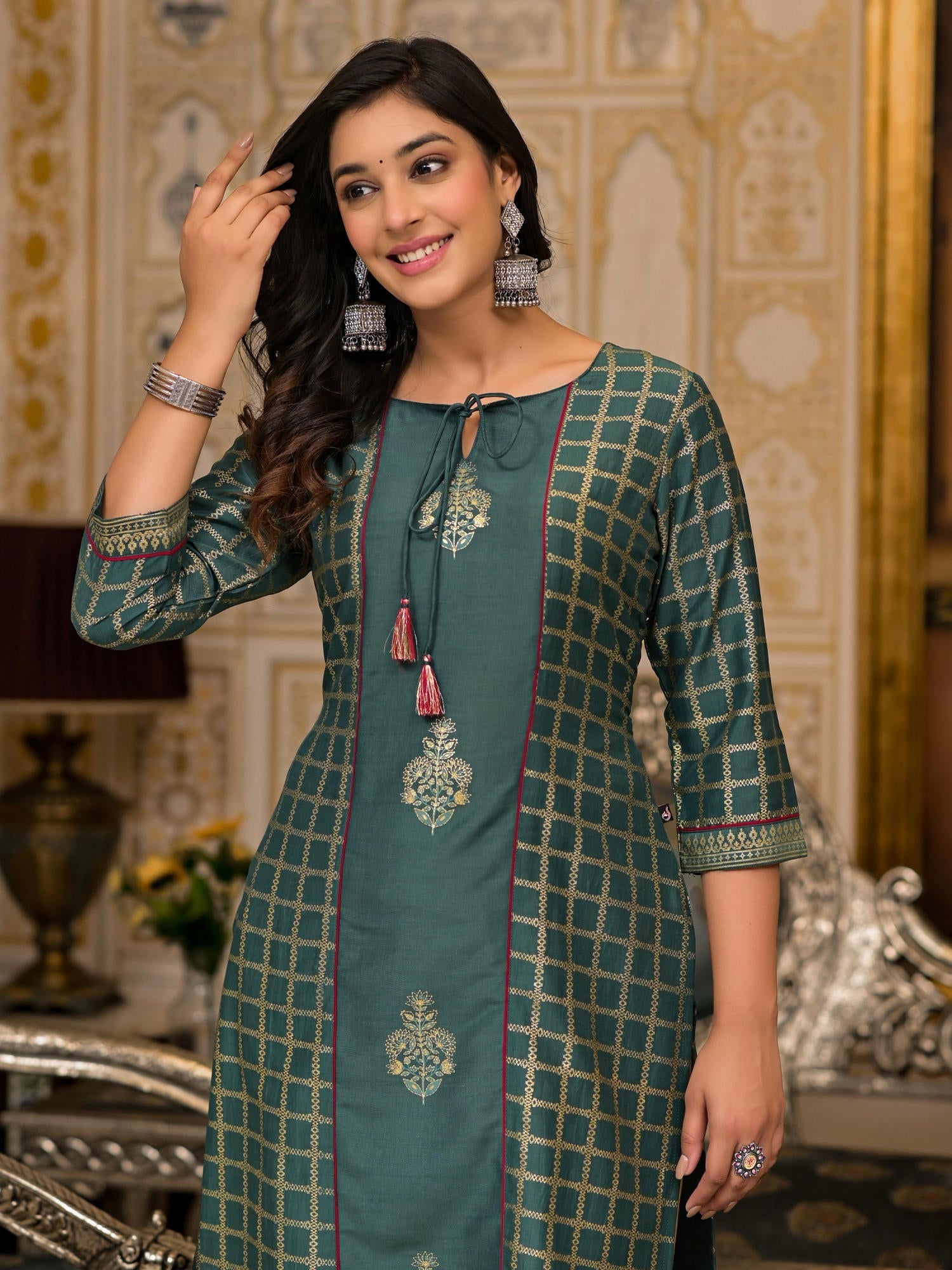Women's Bottle Green Ethnic Motif Printed Cotton Kurta With Dori Detai Trendia Women's Bottle Green Ethnic Motif Printed Cotton Kurta With Dori Detai Trendia