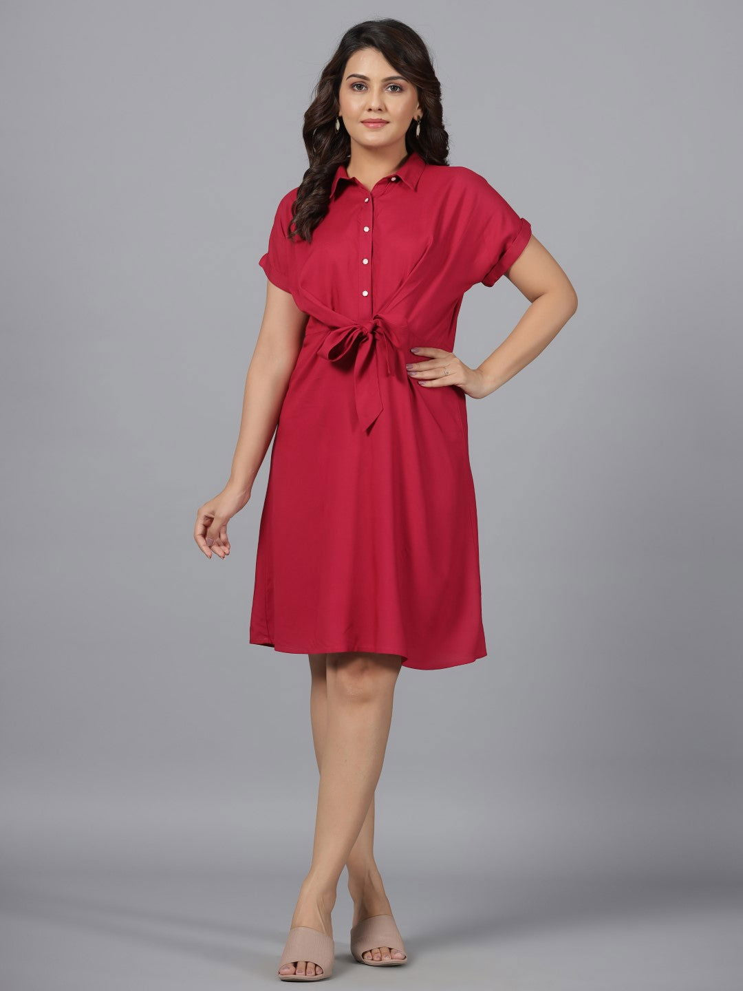 Women's Fuchsia Solid Rayon A-Line Short Fusion Dress With Front Tie-Up Women's Fuchsia Solid Rayon A-Line Short Fusion Dress With Front Tie-Up