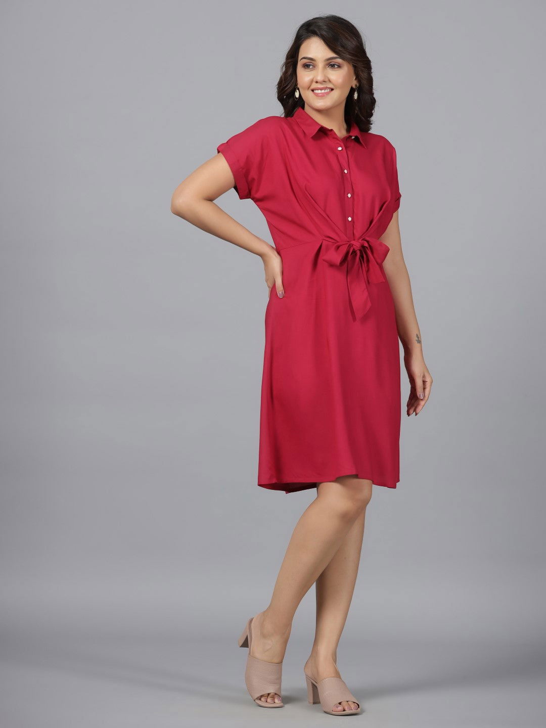 Women's Fuchsia Solid Rayon A-Line Short Fusion Dress With Front Tie-Up Women's Fuchsia Solid Rayon A-Line Short Fusion Dress With Front Tie-Up